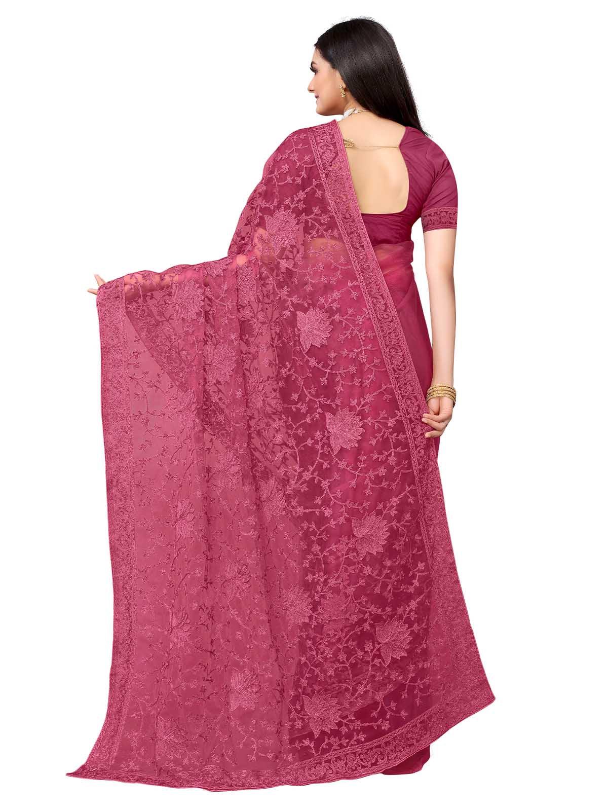 Women's Rust Red Net Embroidered Saree With Blouse - Odette