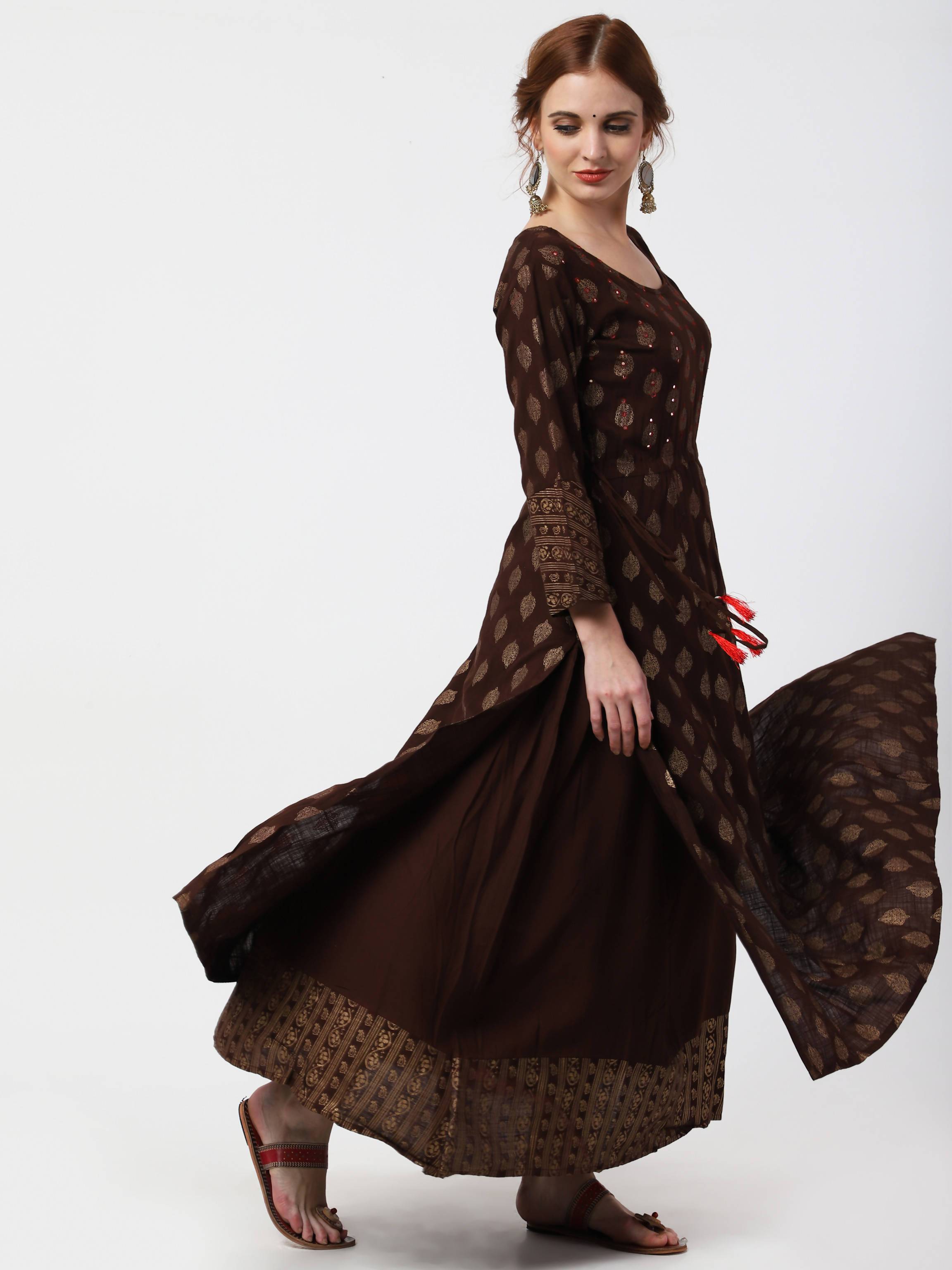 Women's Rayon Chocolate Brown Double Layer Anarkali Kurta Dress - Cheera