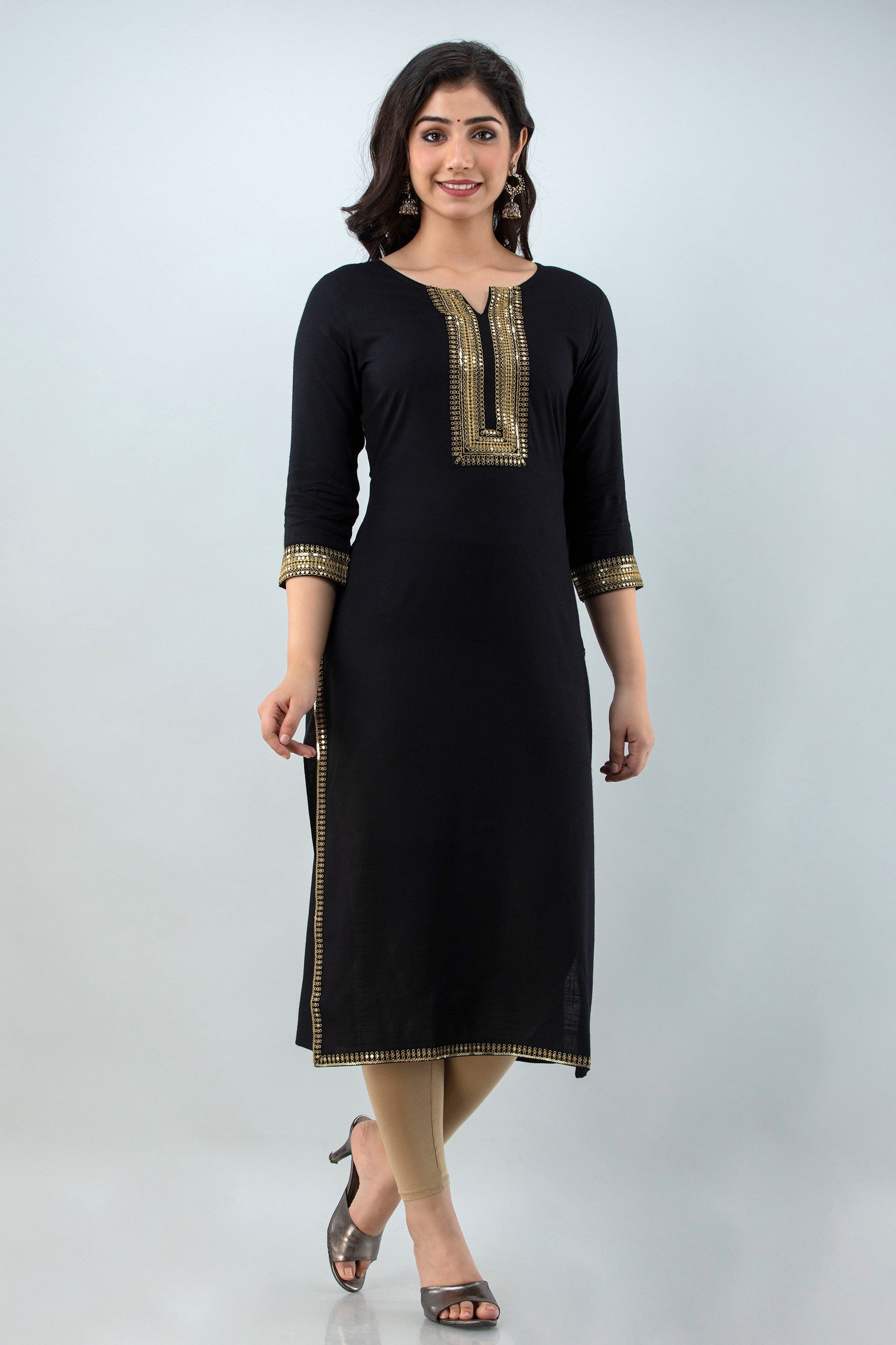 Women's Embellished Viscose Rayon Straight Kurta (Black) - Charu