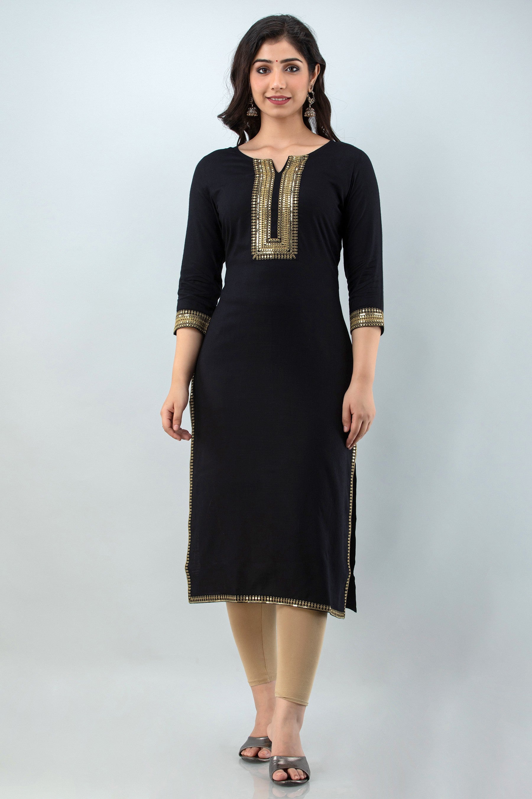 Women's Embellished Viscose Rayon Straight Kurta (Black) - Charu