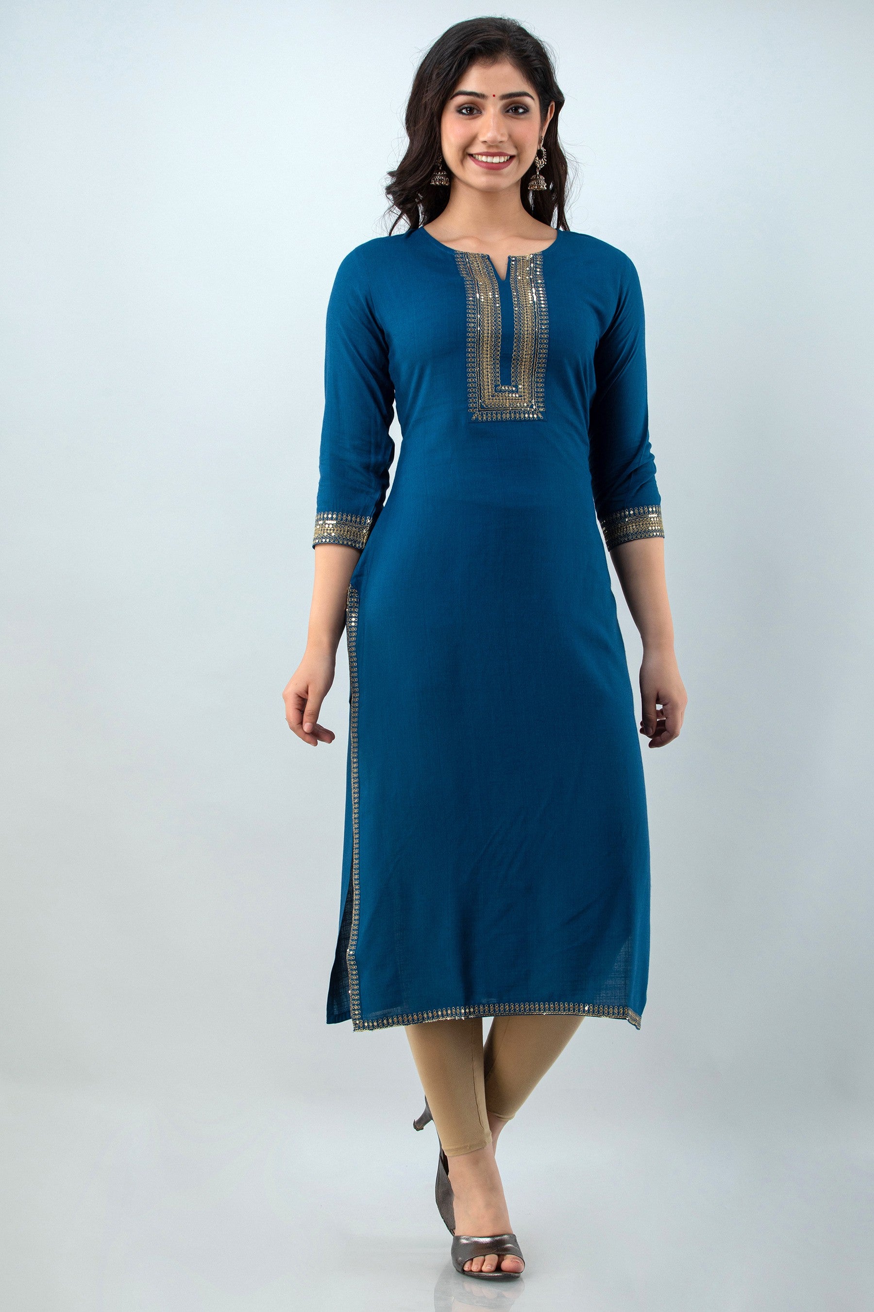 Women's Embellished Viscose Rayon Straight Kurta (Teal Blue) - Charu