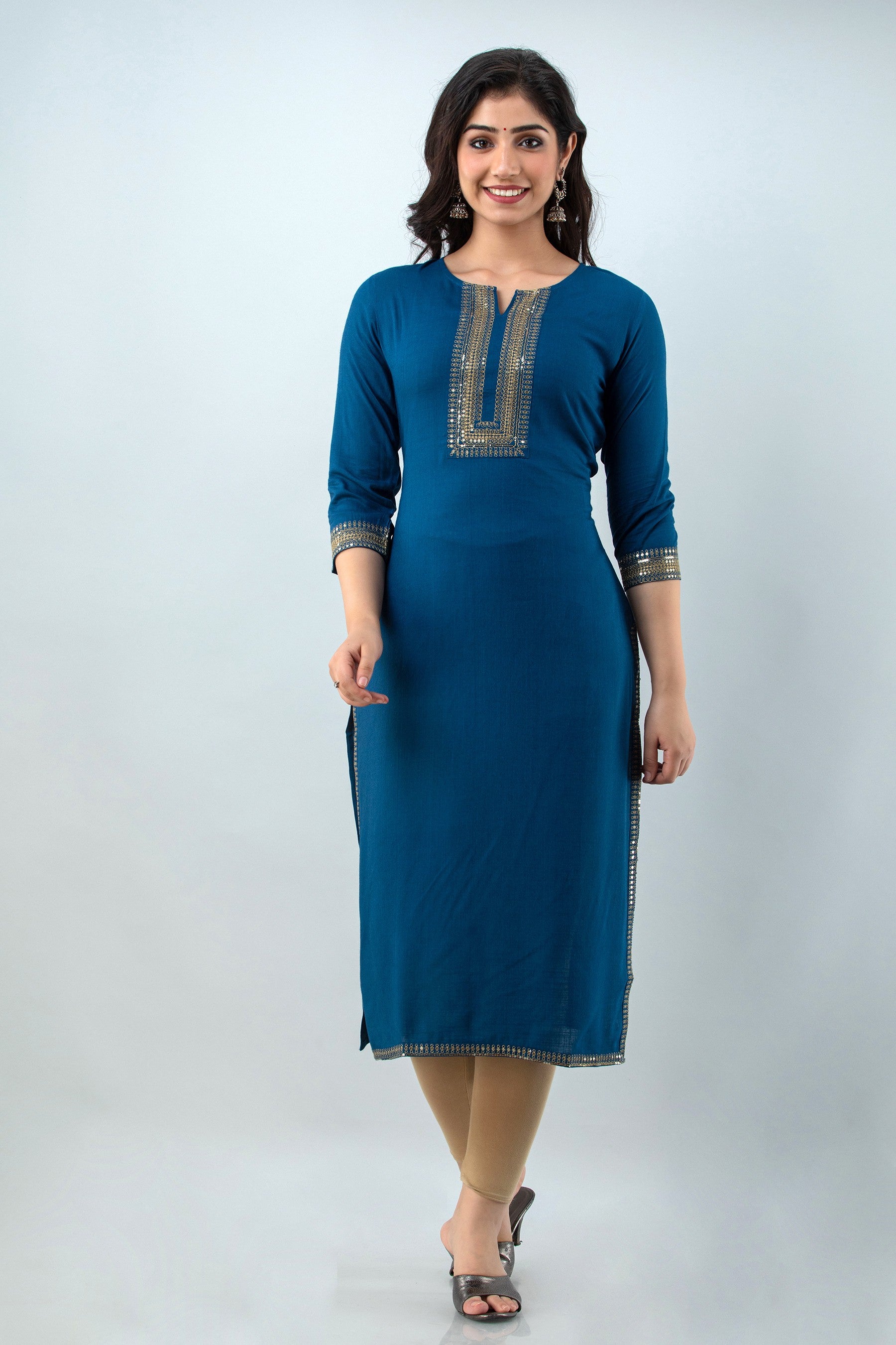 Women's Embellished Viscose Rayon Straight Kurta (Teal Blue) - Charu