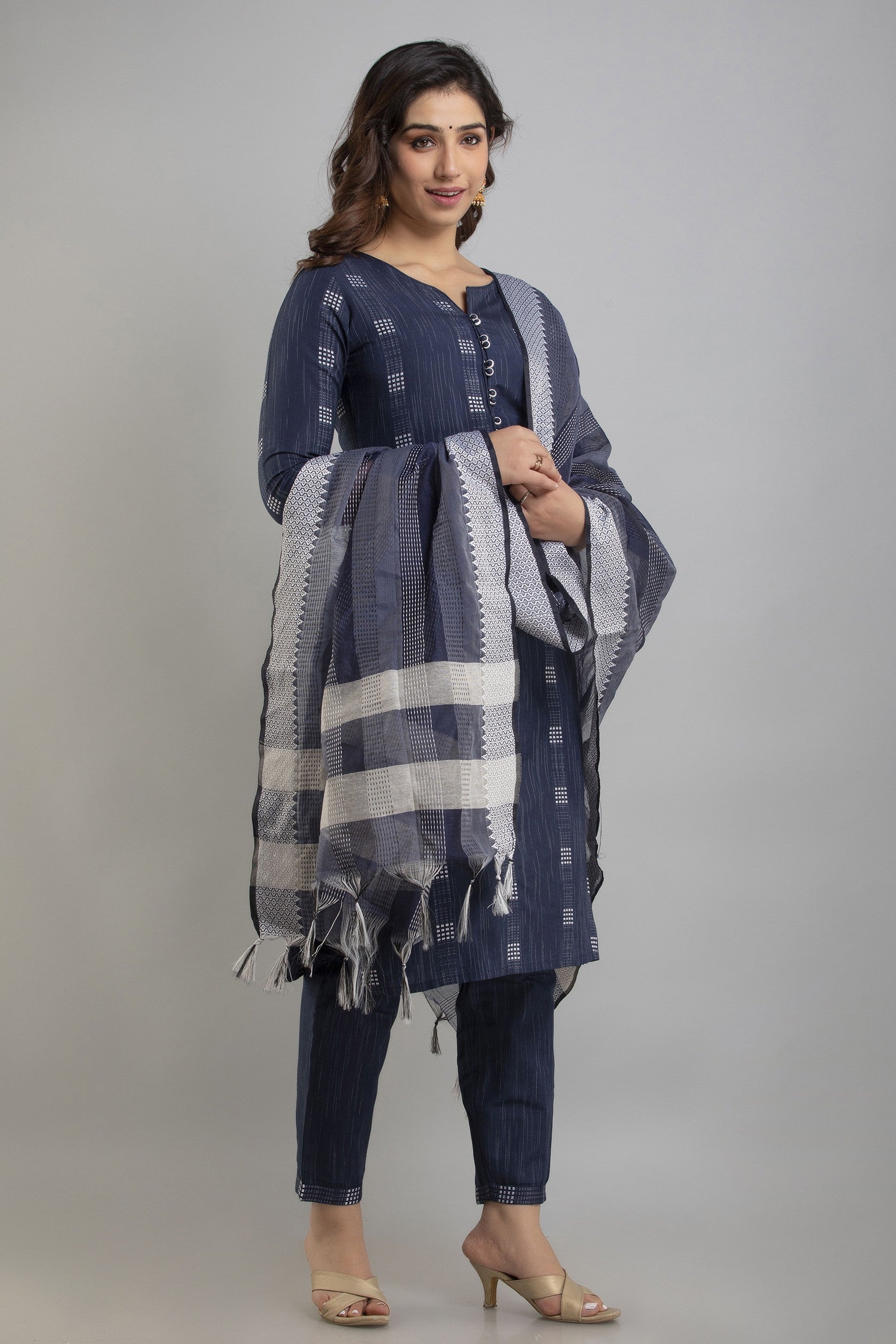 Women's Woven & Striped Cotton Blend Straight Kurta Pant & Dupatta Set (Blue) - Charu