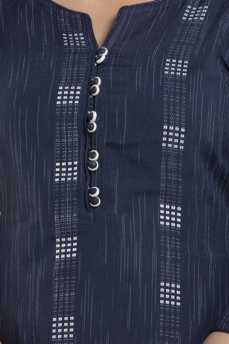 Women's Woven & Striped Cotton Blend Straight Kurta Pant & Dupatta Set (Blue) - Charu