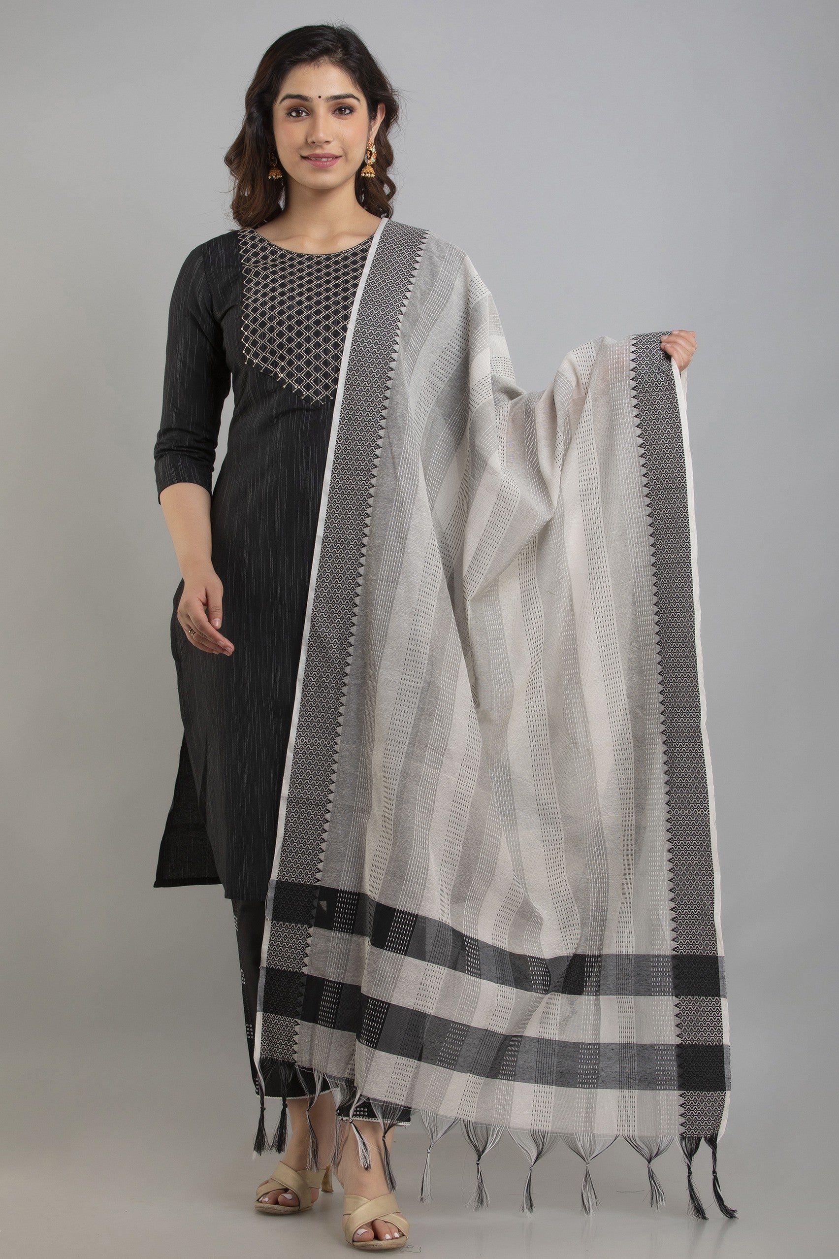 Women's Embroidered Cotton Blend Straight Kurta Pant & Dupatta Set (Black) - Charu