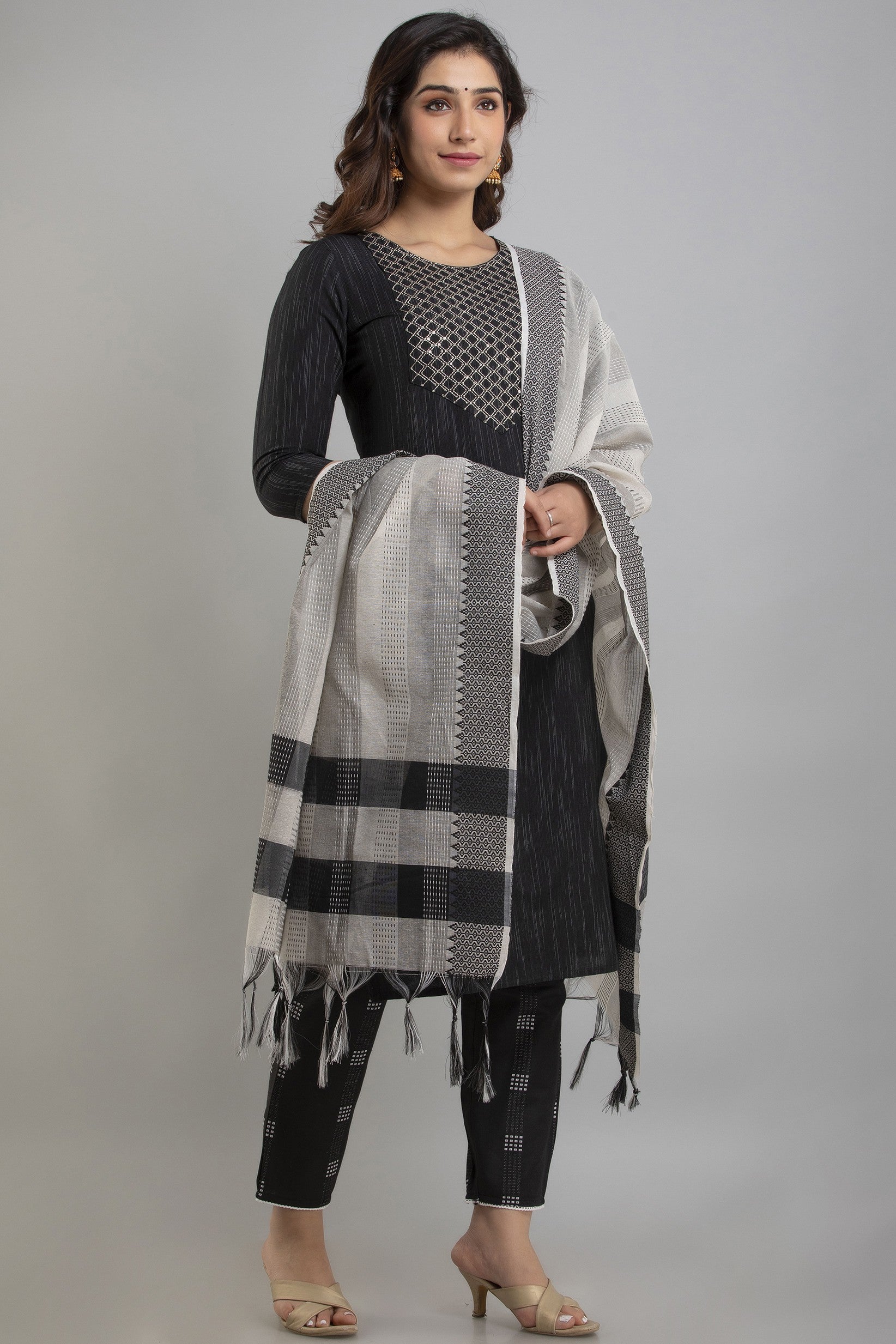 Women's Embroidered Cotton Blend Straight Kurta Pant & Dupatta Set (Black) - Charu