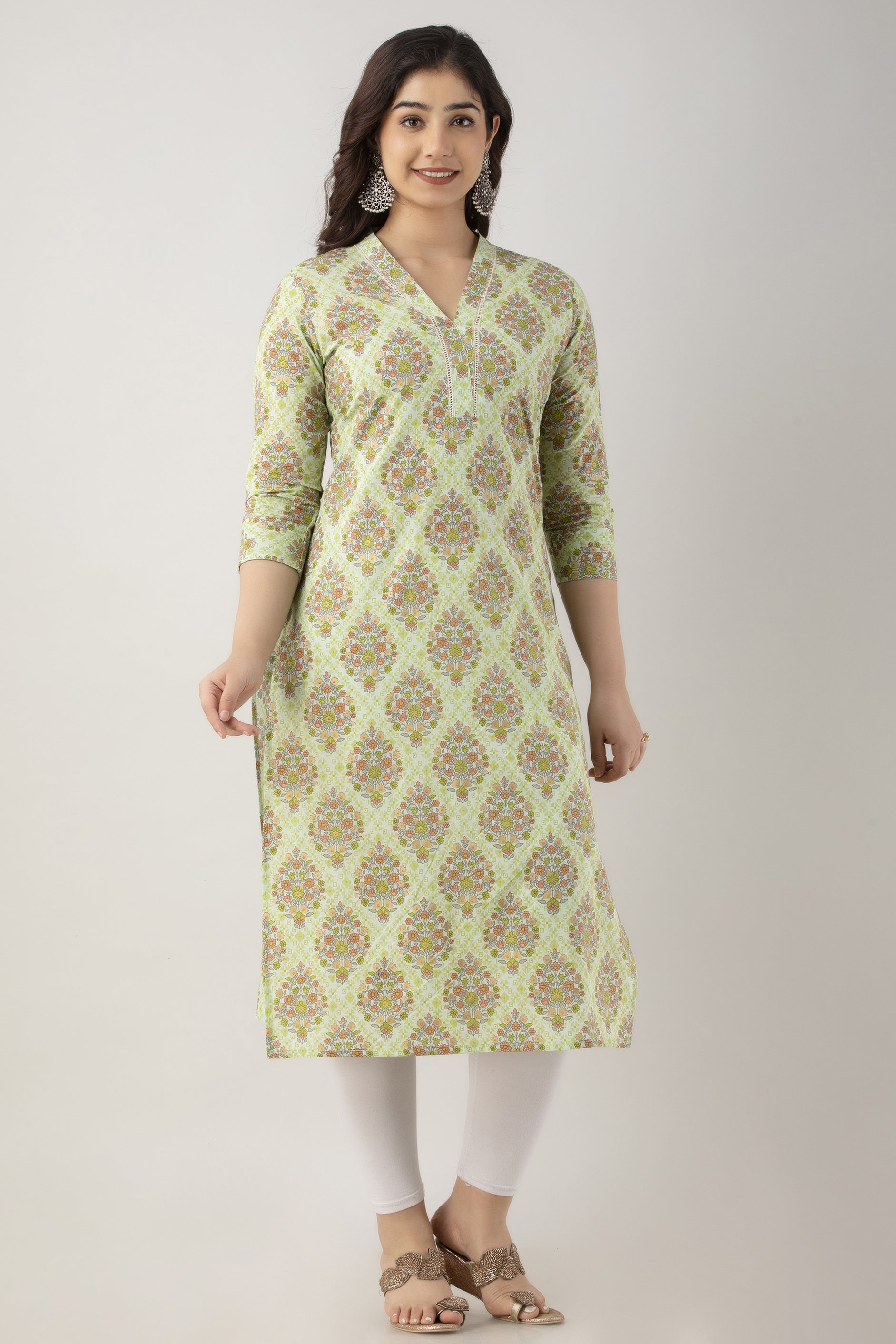 Women's Floral Pure Cotton Regular Kurta (Green) - Charu