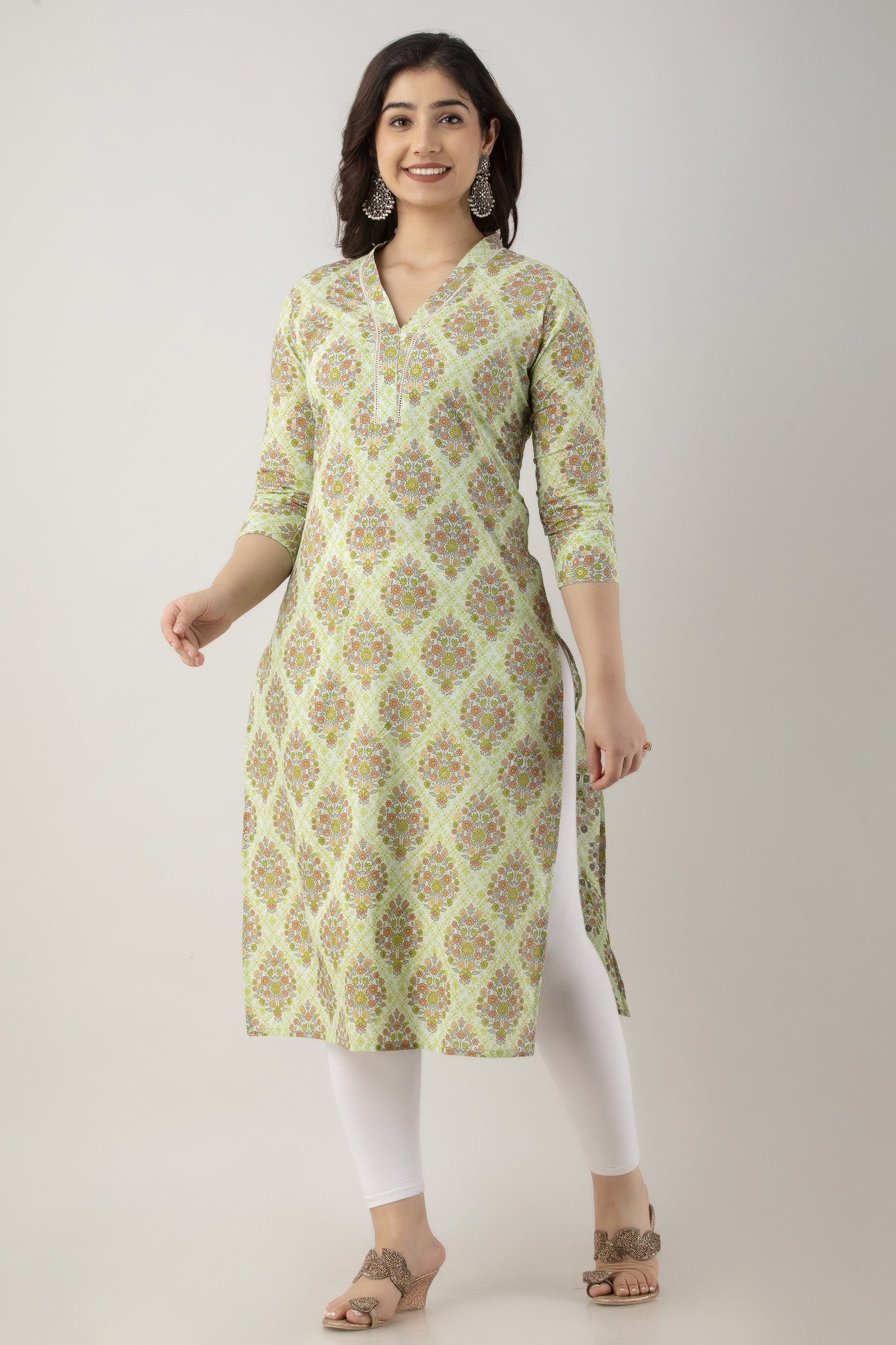 Women's Floral Pure Cotton Regular Kurta (Green) - Charu