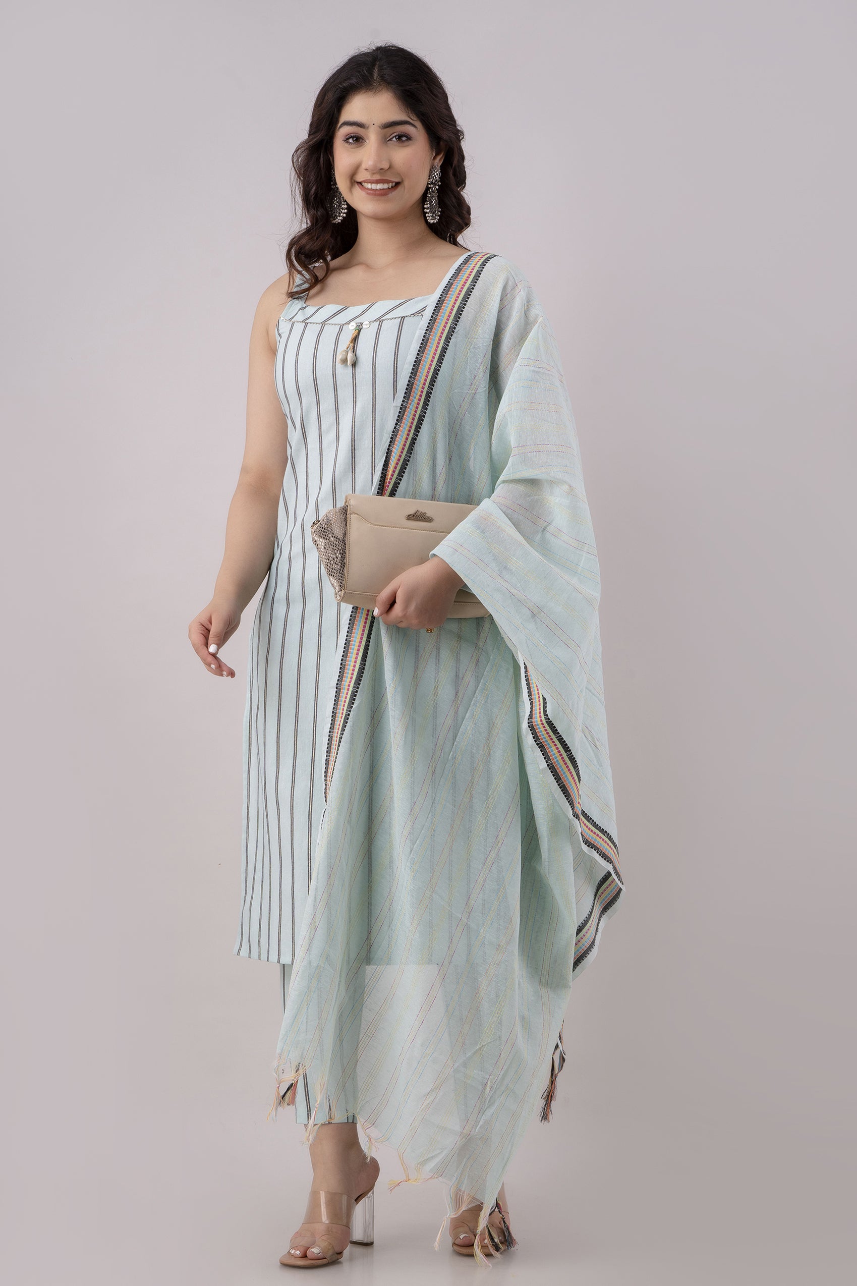 Women's Striped Cotton Blend Straight Kurta Pant & Dupatta Set (Skyblue) - Charu