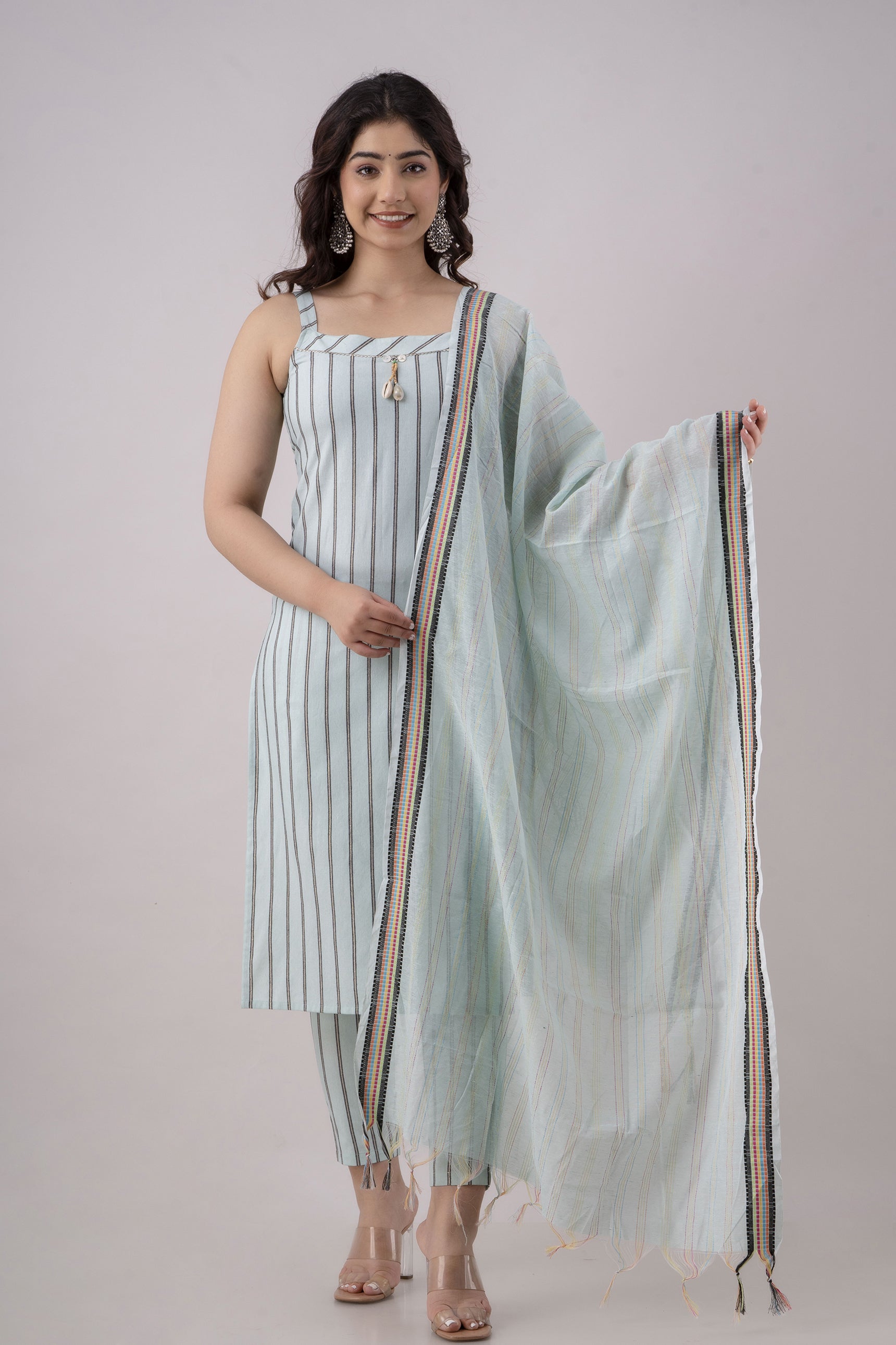 Women's Striped Cotton Blend Straight Kurta Pant & Dupatta Set (Skyblue) - Charu