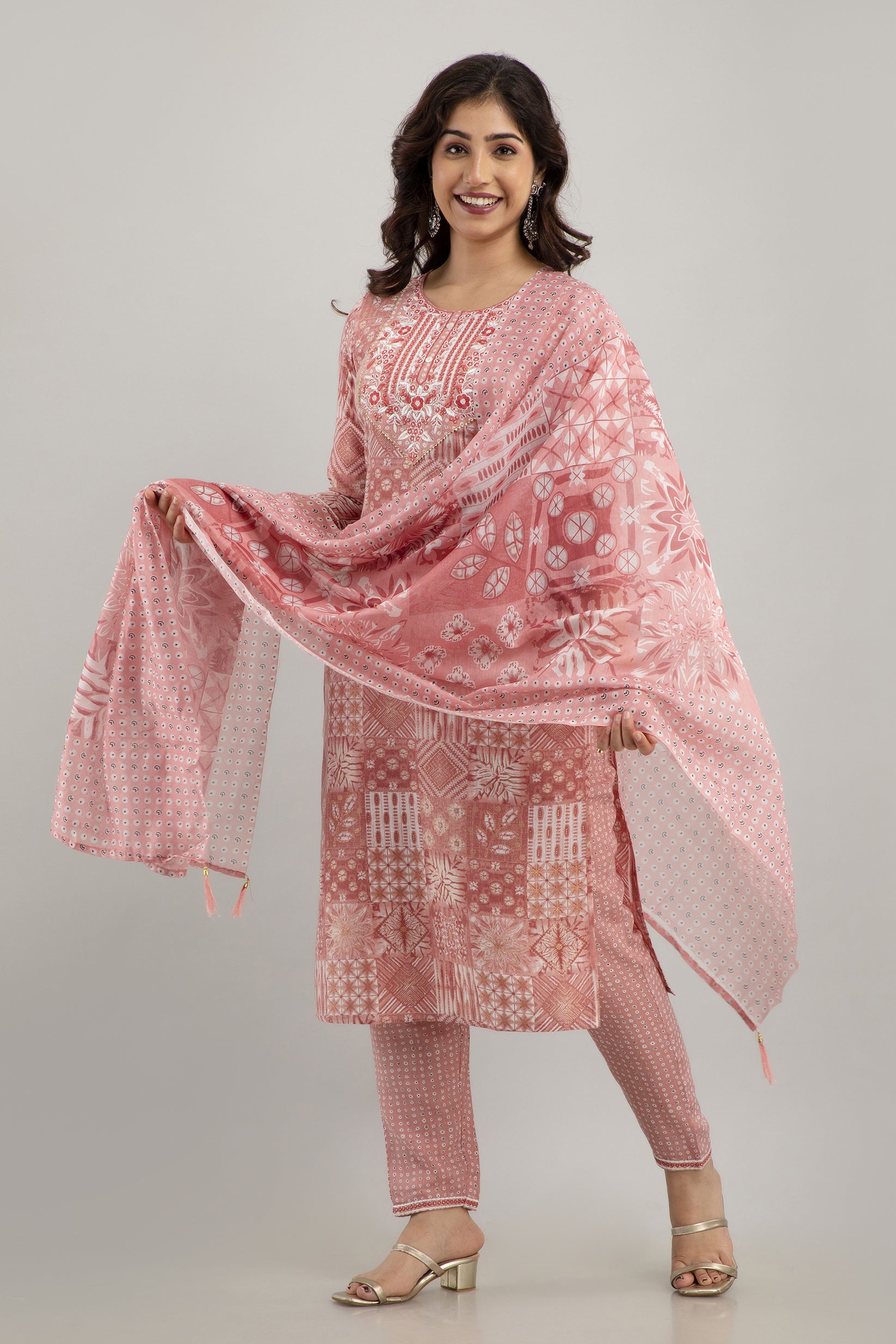 Women's Digital Print & Embroidered Cotton Blend Straight Kurta Pant & Dupatta Set (Peach) - Charu