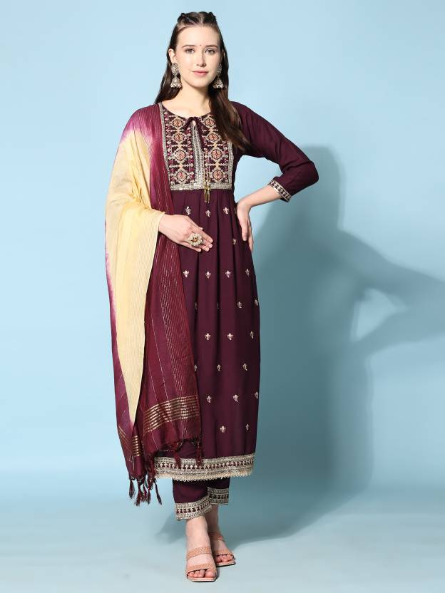 Women's Floral Embroidered Kurta With Trousers & Dupatta - Noz2Toz