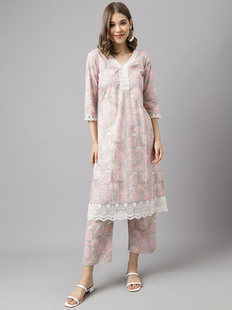 Women's Pink Cotton A-Line Kurta set