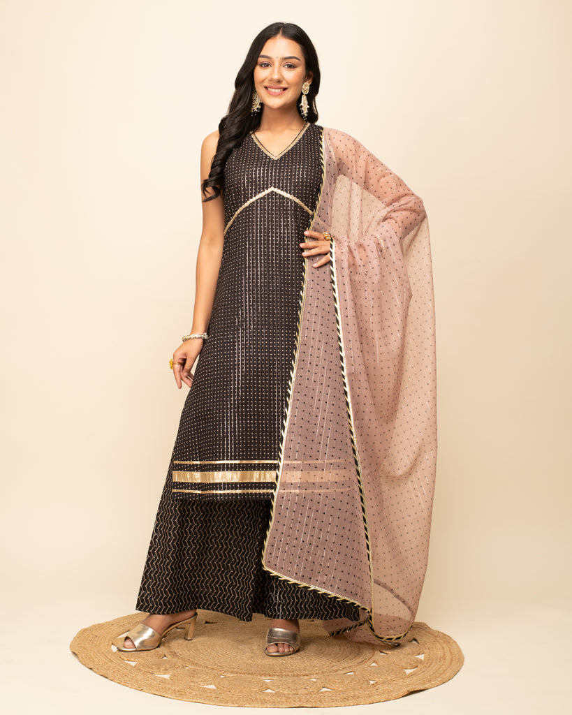 Women's Black Lurex Cotton Straight Kurta Pant With dupatta