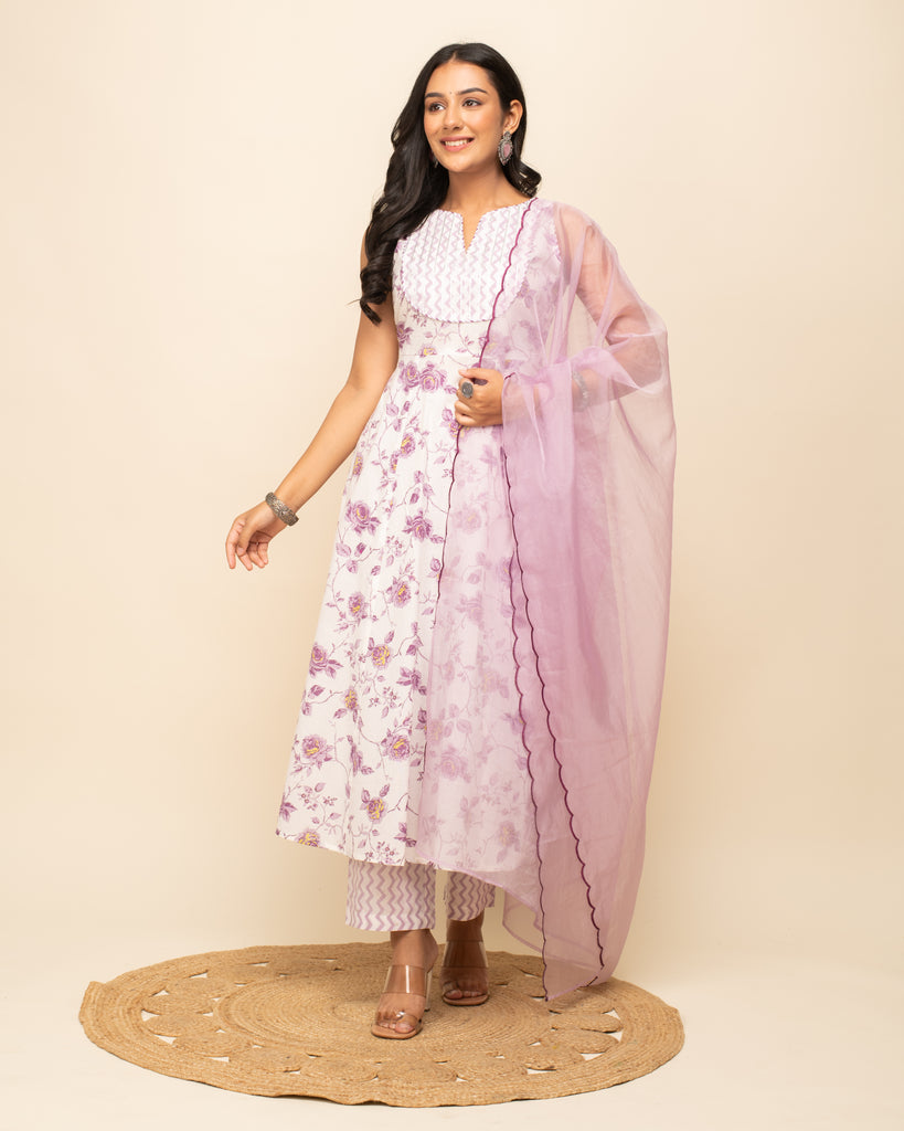 Women's White Cotton A-Line Kurta Pant With dupatta