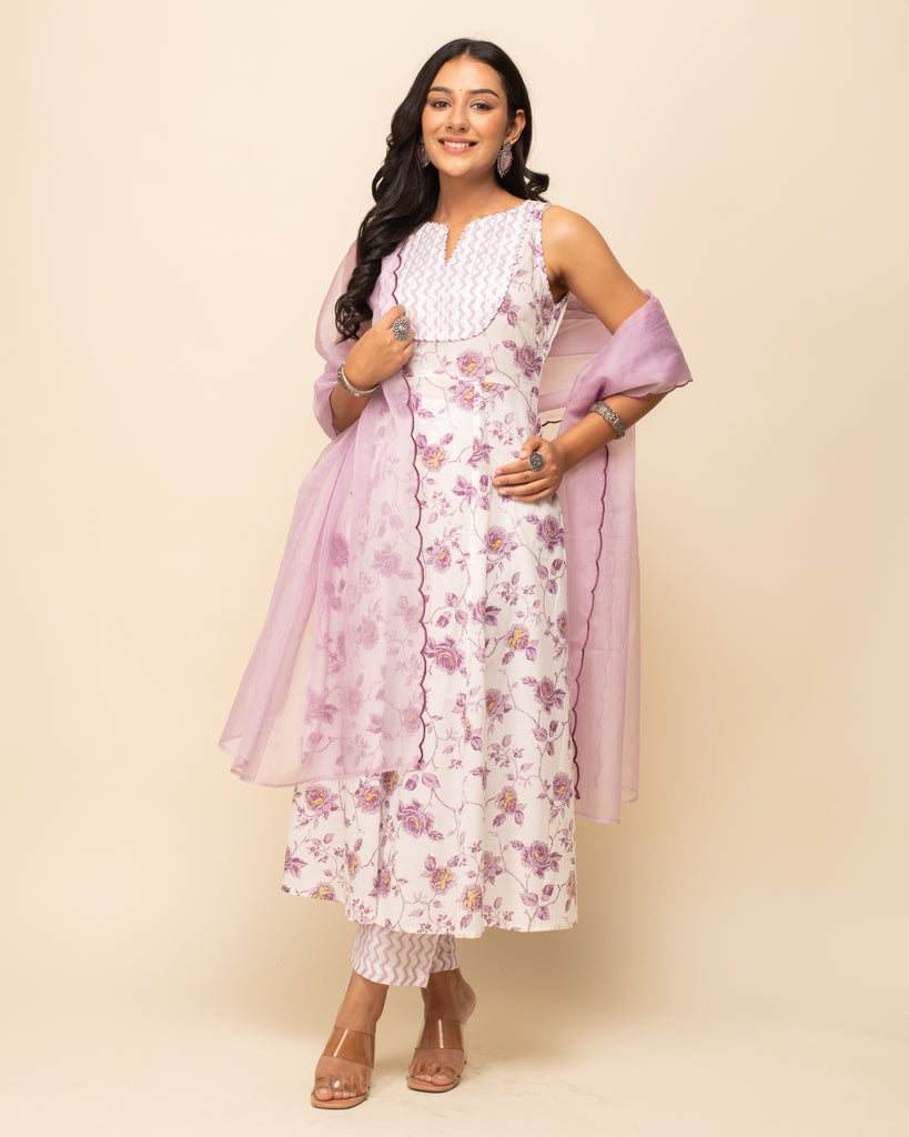 Women's White Cotton A-Line Kurta Pant With dupatta
