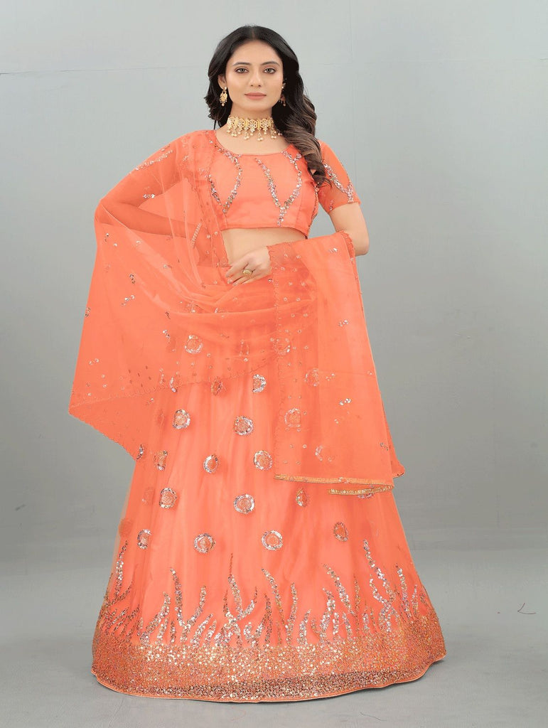 Women's Orange color Semi-Stitched  Lehenga Choli with Dupatta