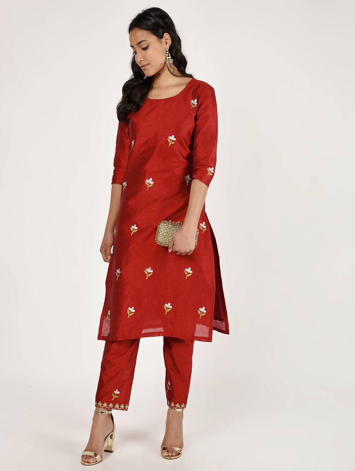 Women's Multi Color Embroidered Silk Kurta Pant Set - Cheera