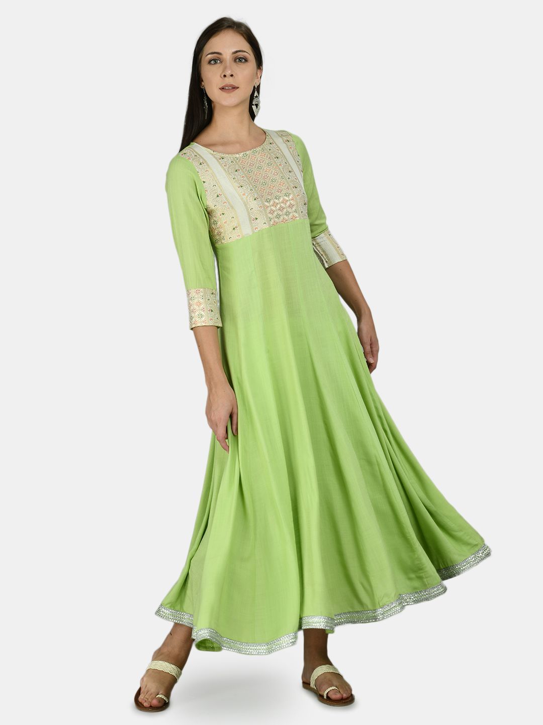 Women's Green Rayon Printed 3/4 Sleeve Round Neck Casual Anarkali Dupatta Set - Myshka
