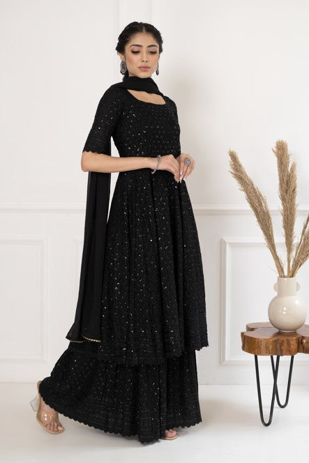 Women's Black Embroidered Dress With Dupatta - Saras The Label