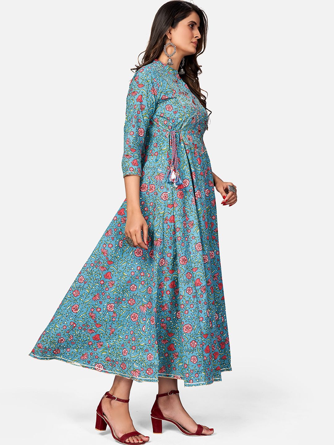 Women's Printed & Embroidered Anarkali Cotton Turquoise Kurta (1Pc) - Vbuyz