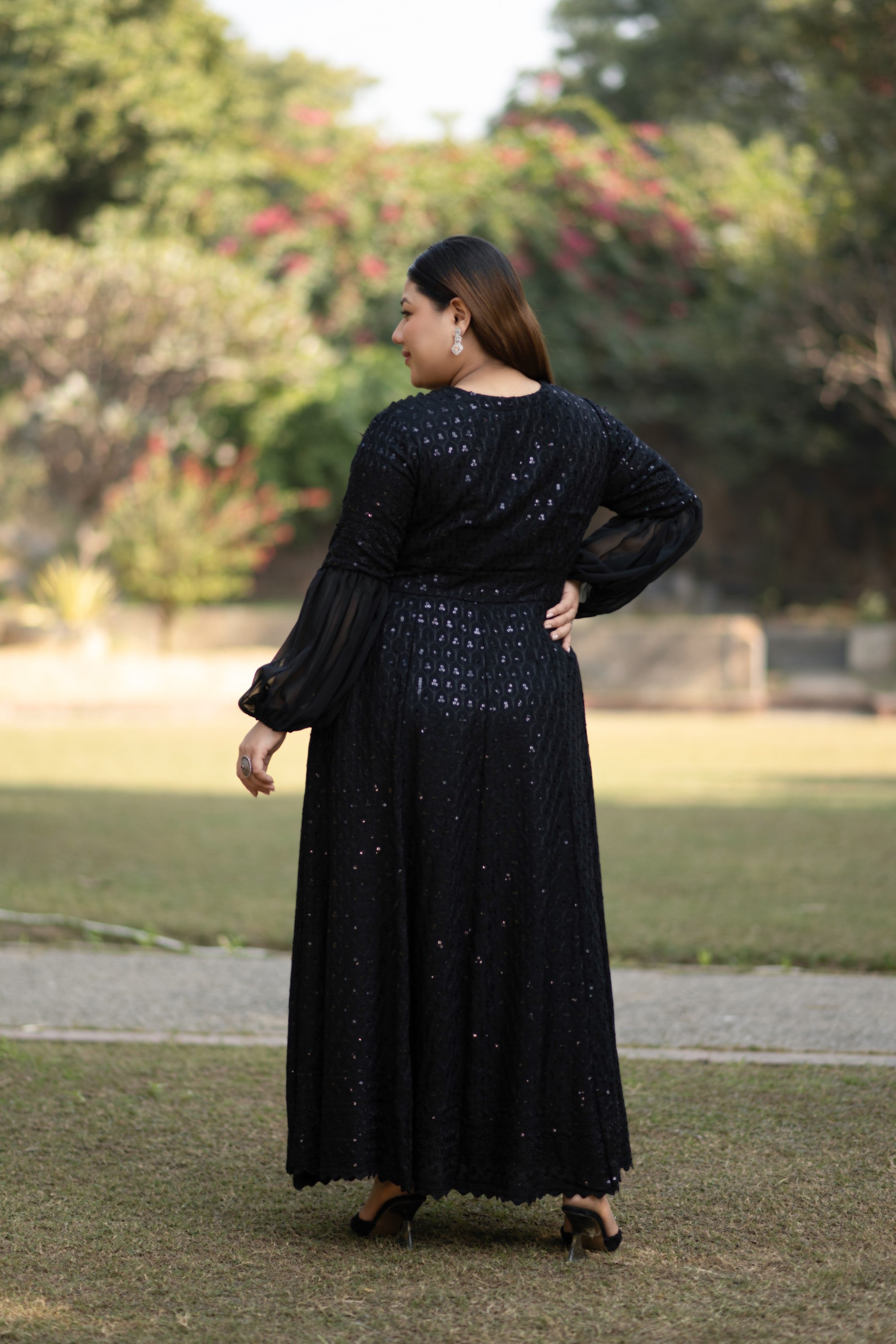 Women's Black Sequin & Chikankari Midi Dress - Saras The Label ( 1 Pc Set)