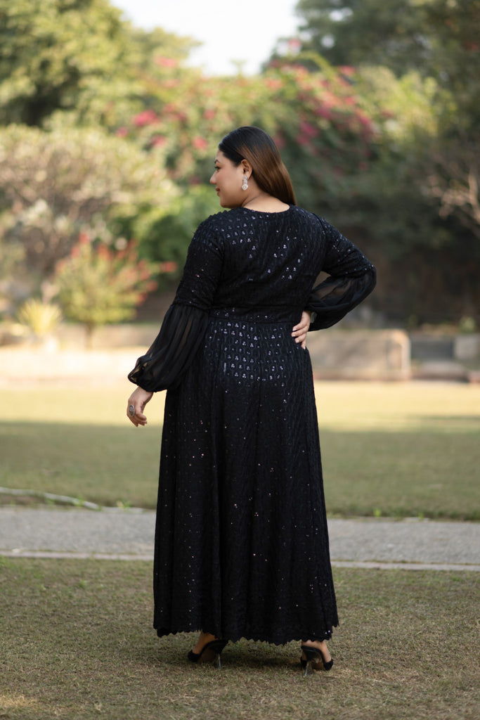 Women's Black Sequin & Chikankari Midi Dress