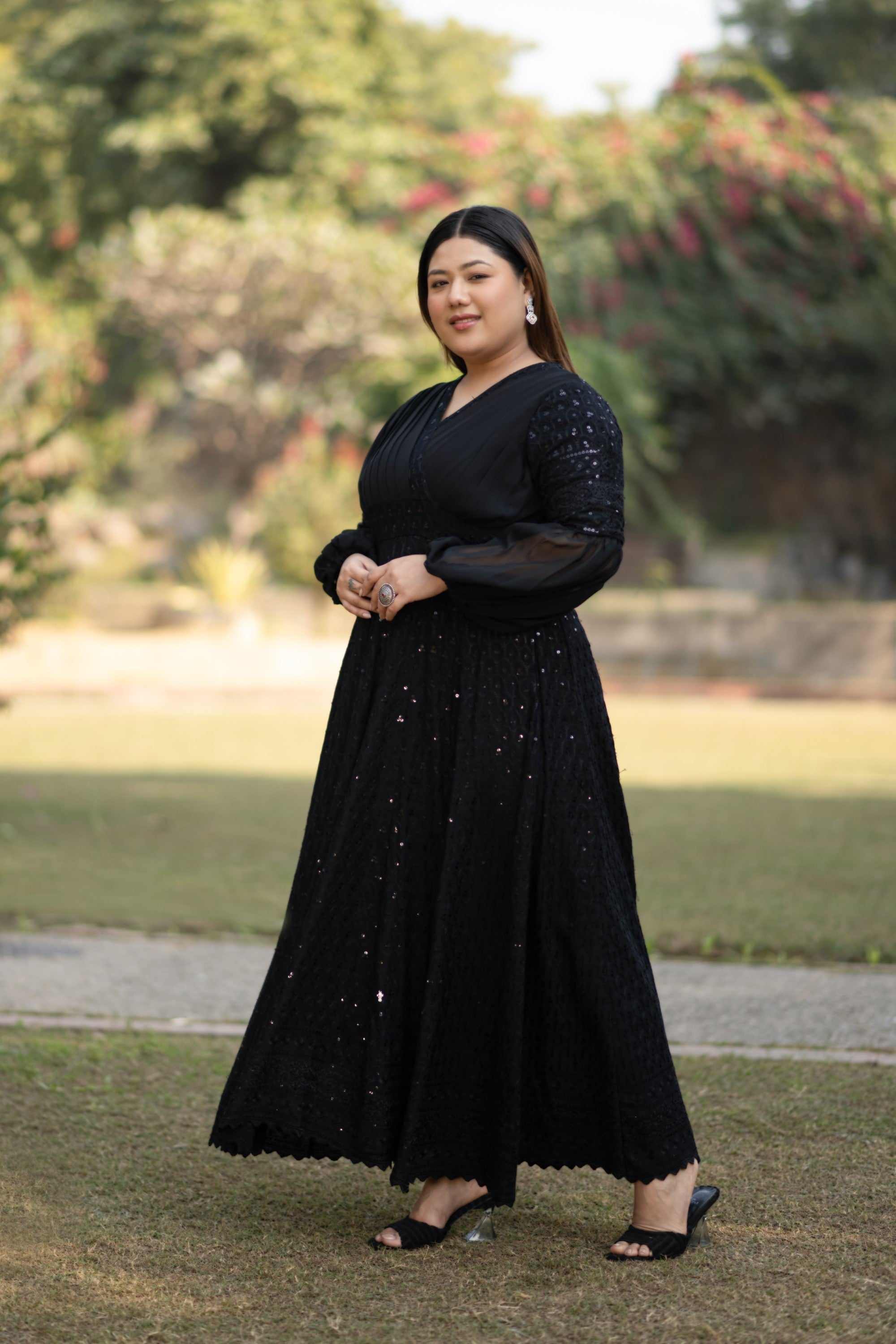 Women's Black Sequin & Chikankari Midi Dress - Saras The Label ( 1 Pc Set)