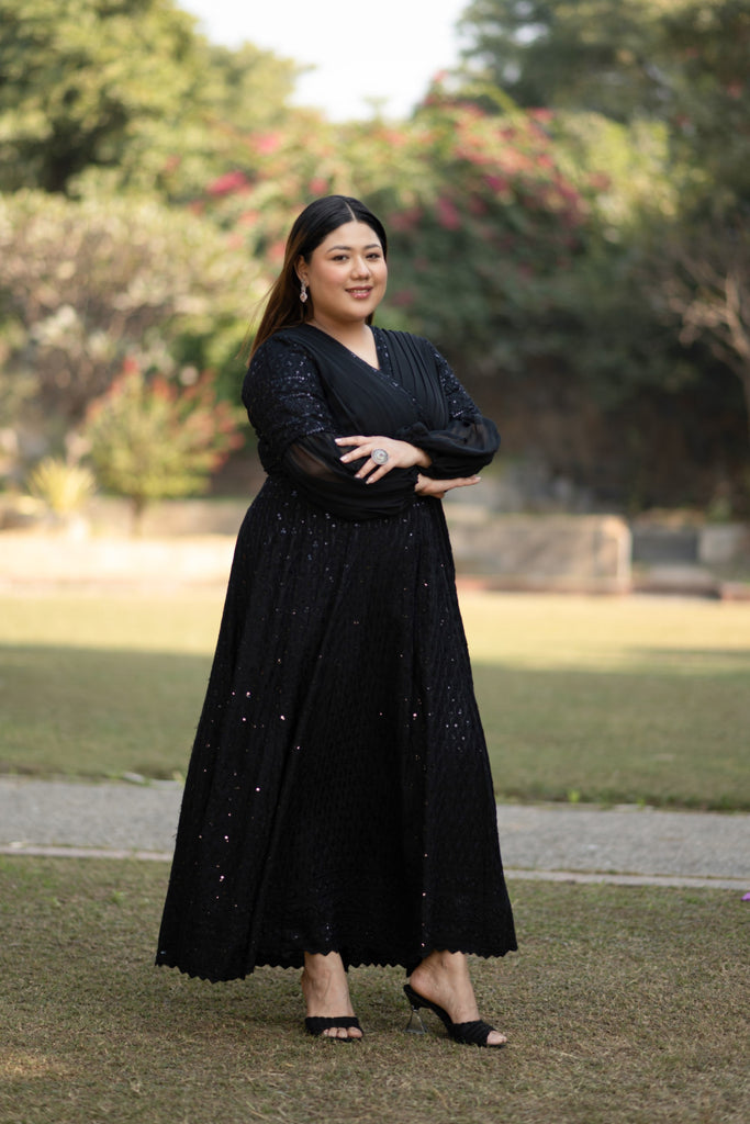 Women's Black Sequin & Chikankari Midi Dress