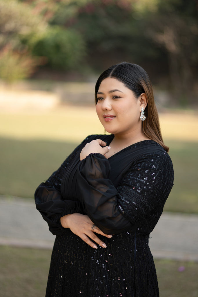 Women's Black Sequin & Chikankari Midi Dress
