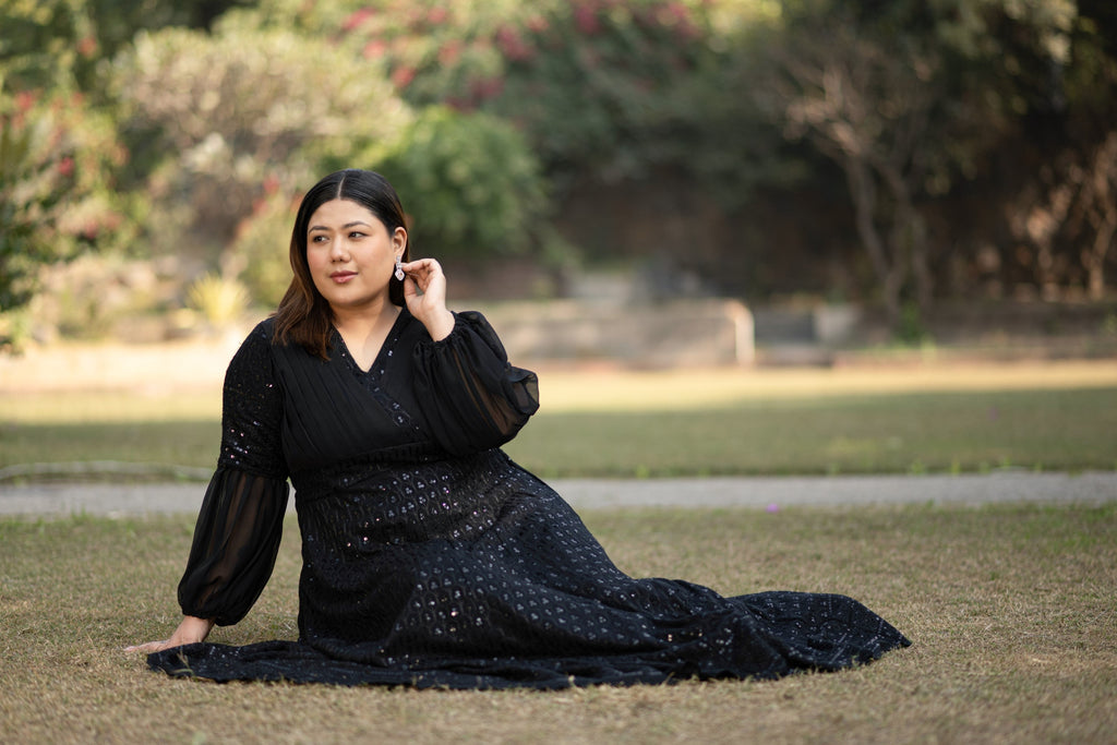 Women's Black Sequin & Chikankari Midi Dress