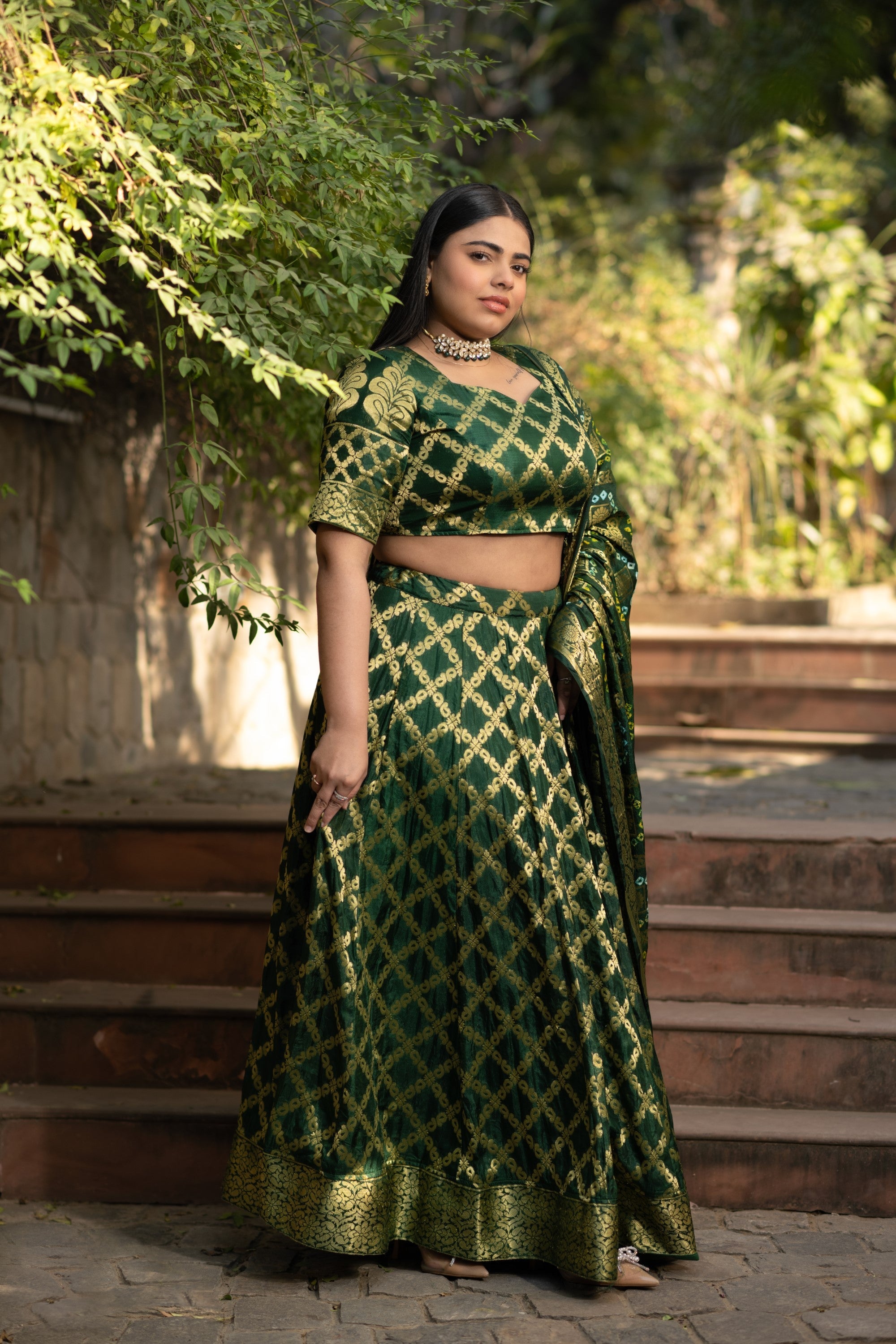Women's Green Banarasi Lehenga Choli - Saras The Label - 3 Pcs Set
