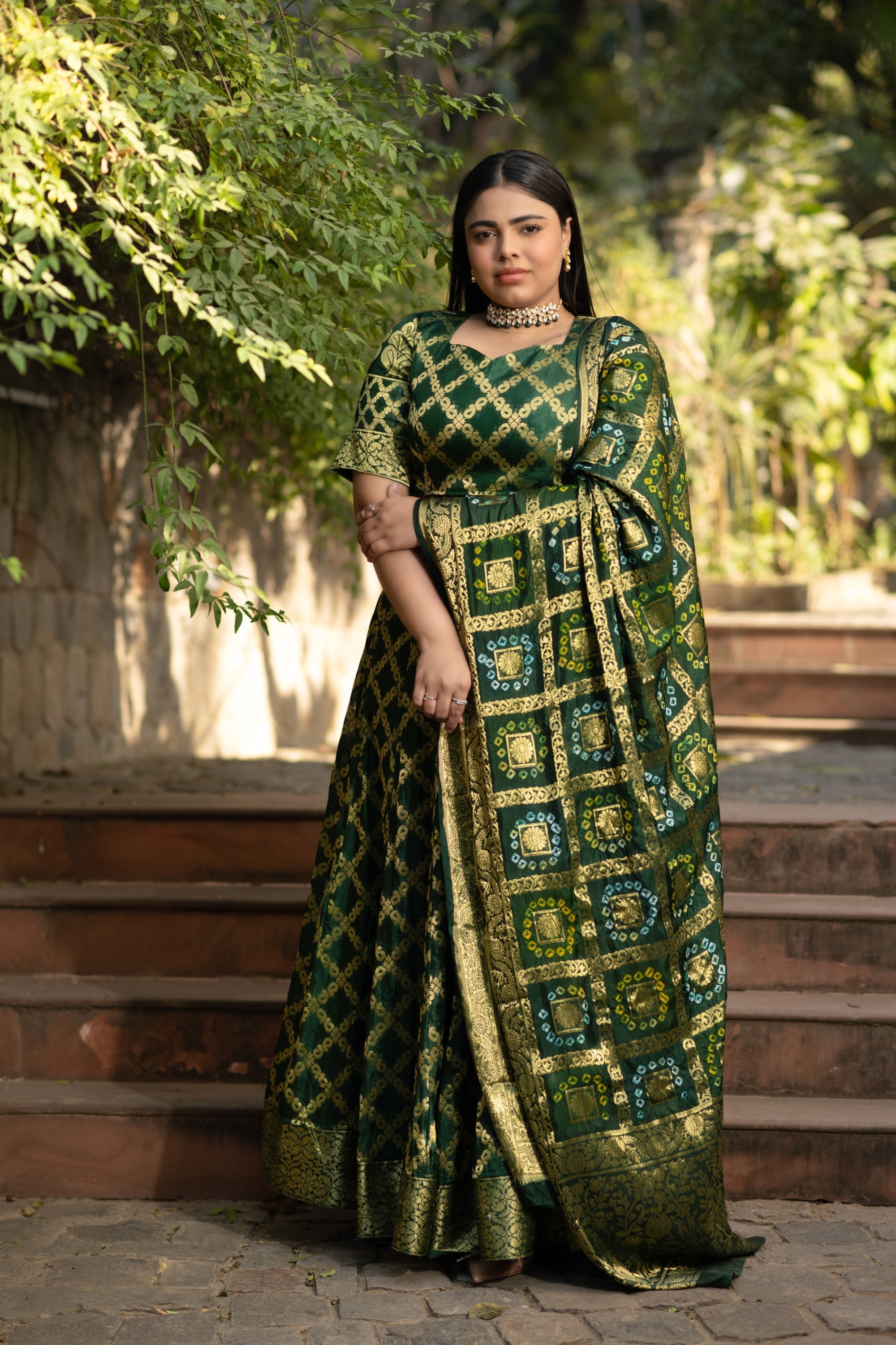 Women's Green Banarasi Lehenga Choli - Saras The Label - 3 Pcs Set