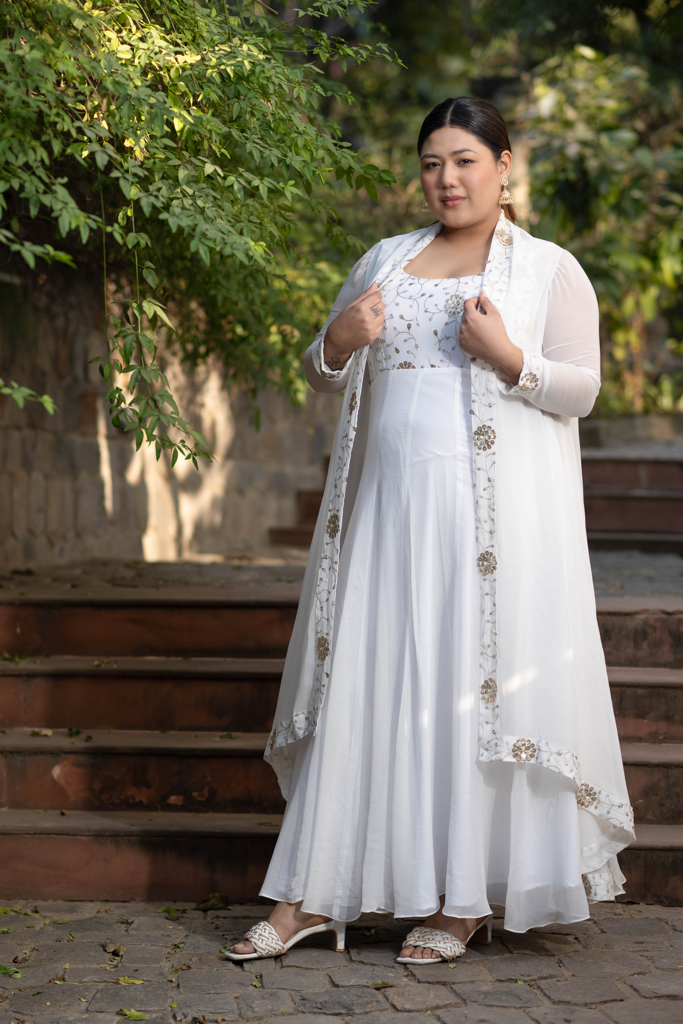 Women's Plus Size Off White Jacket Gown With Sequin And Zari Work ( Set Of 2) - Label Shaurya Sanadhya