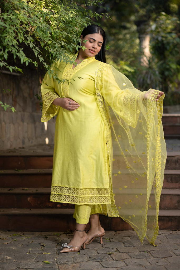 Women's Plus Size Lime Green Kurta With Lace Work