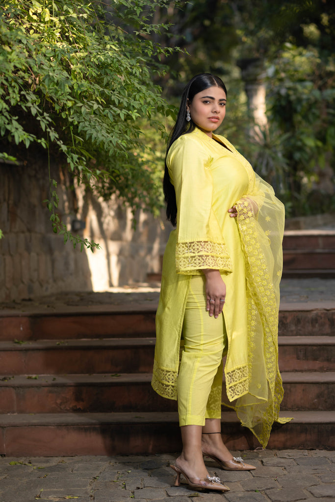 Women's Plus Size Lime Green Kurta With Lace Work