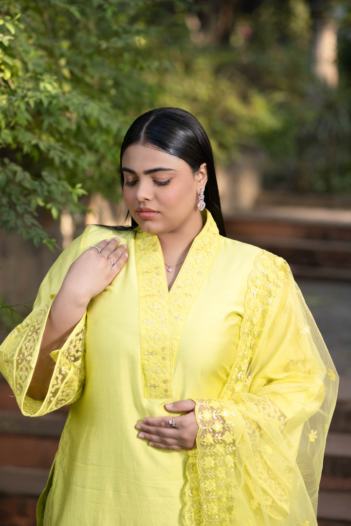Women's Plus Size Lime Green Kurta With Lace Work