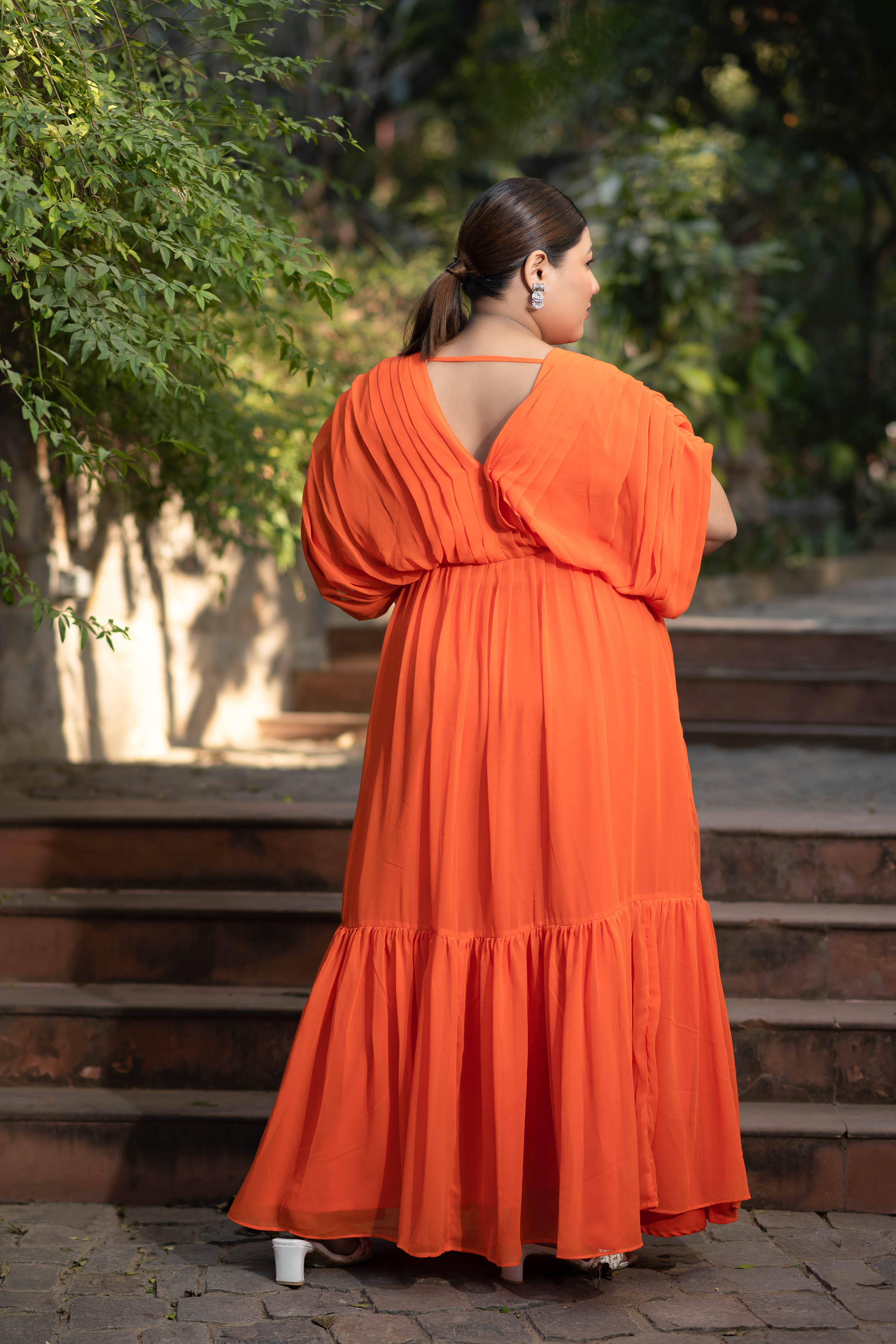 Women's Plus Size Orange Pleated Gown - Label Shaurya Sanadhya