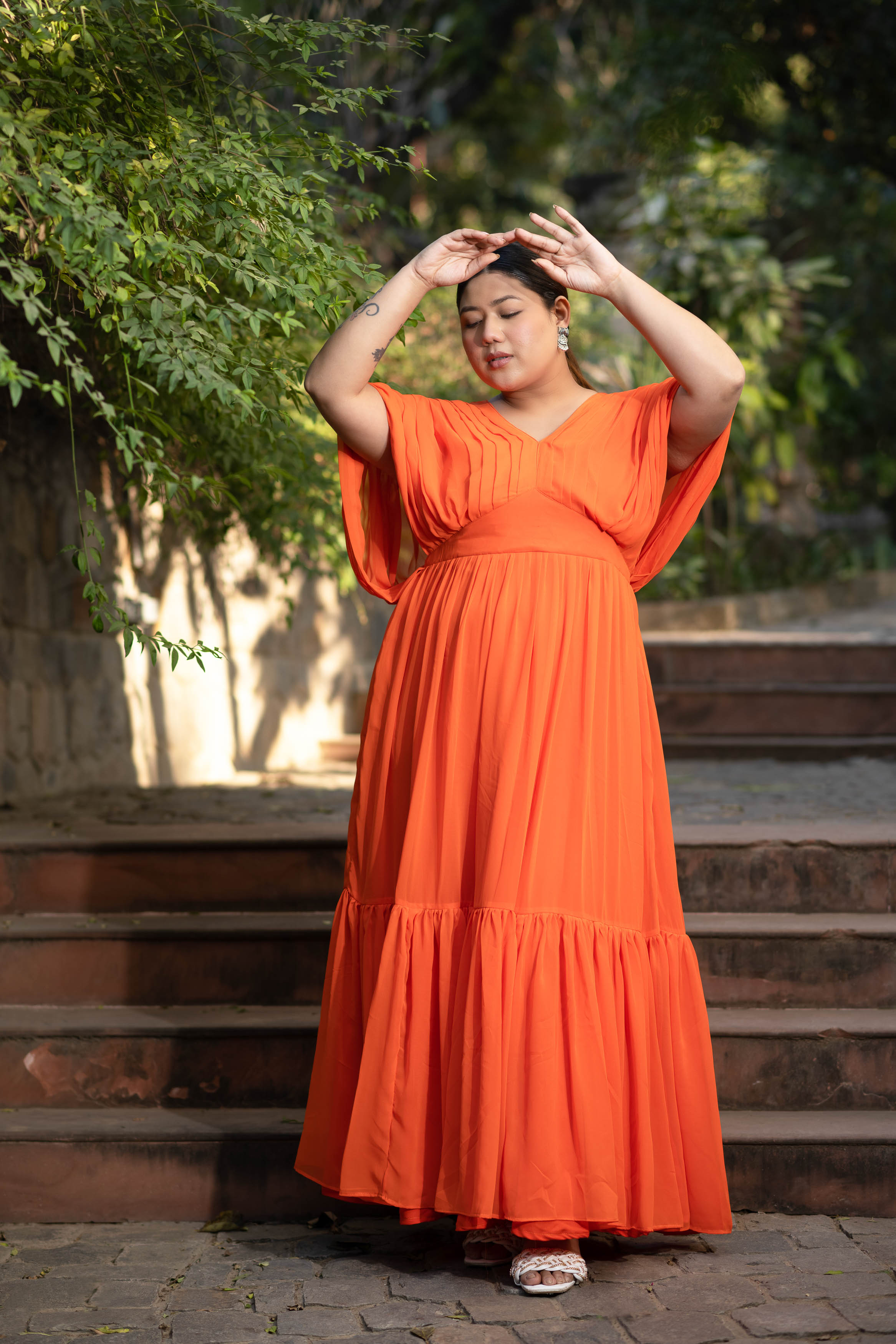 Women's Plus Size Orange Pleated Gown - Label Shaurya Sanadhya
