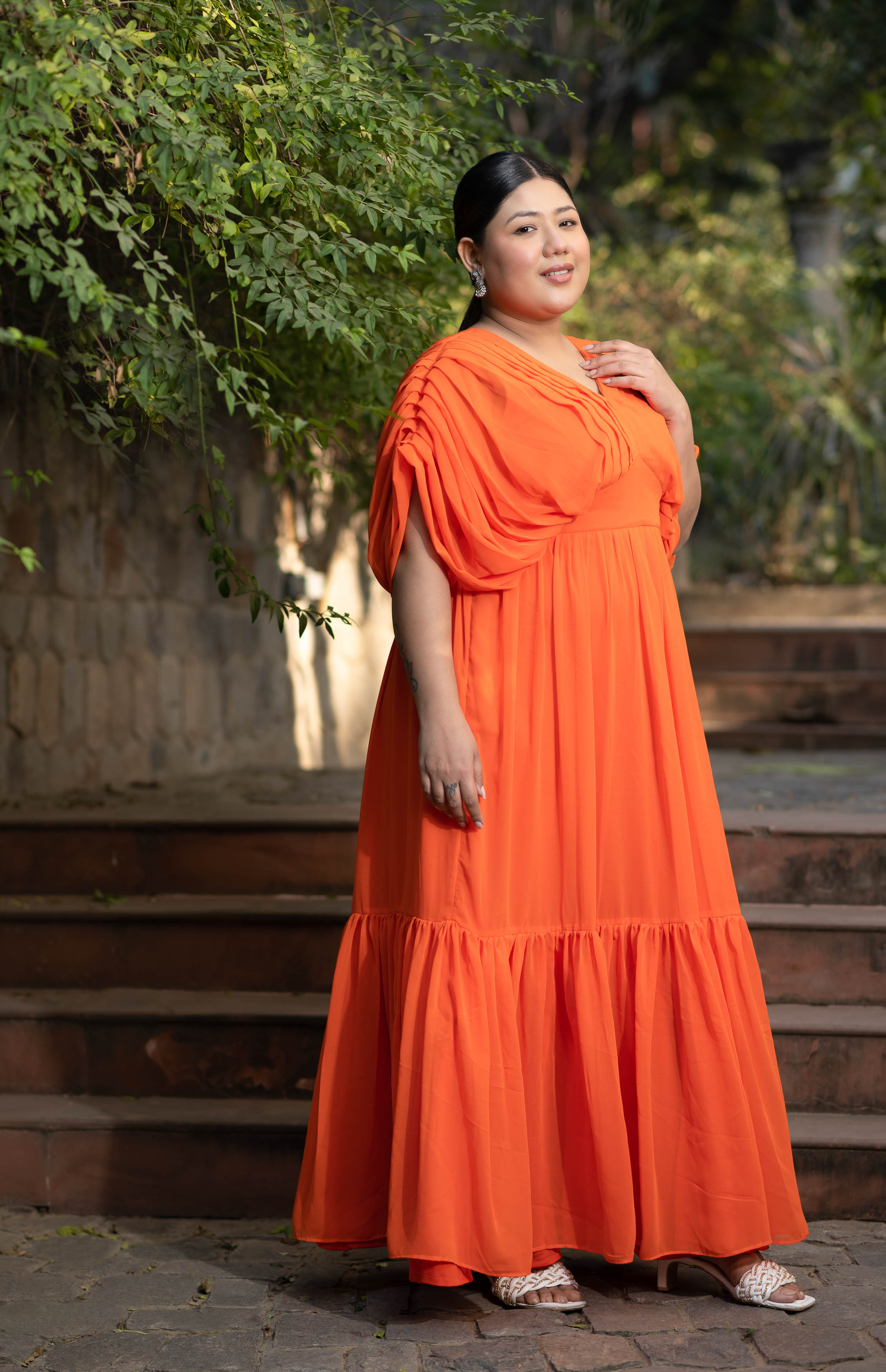 plus size orange maxi dress Plus Size Orange Pleated Gown 4XL