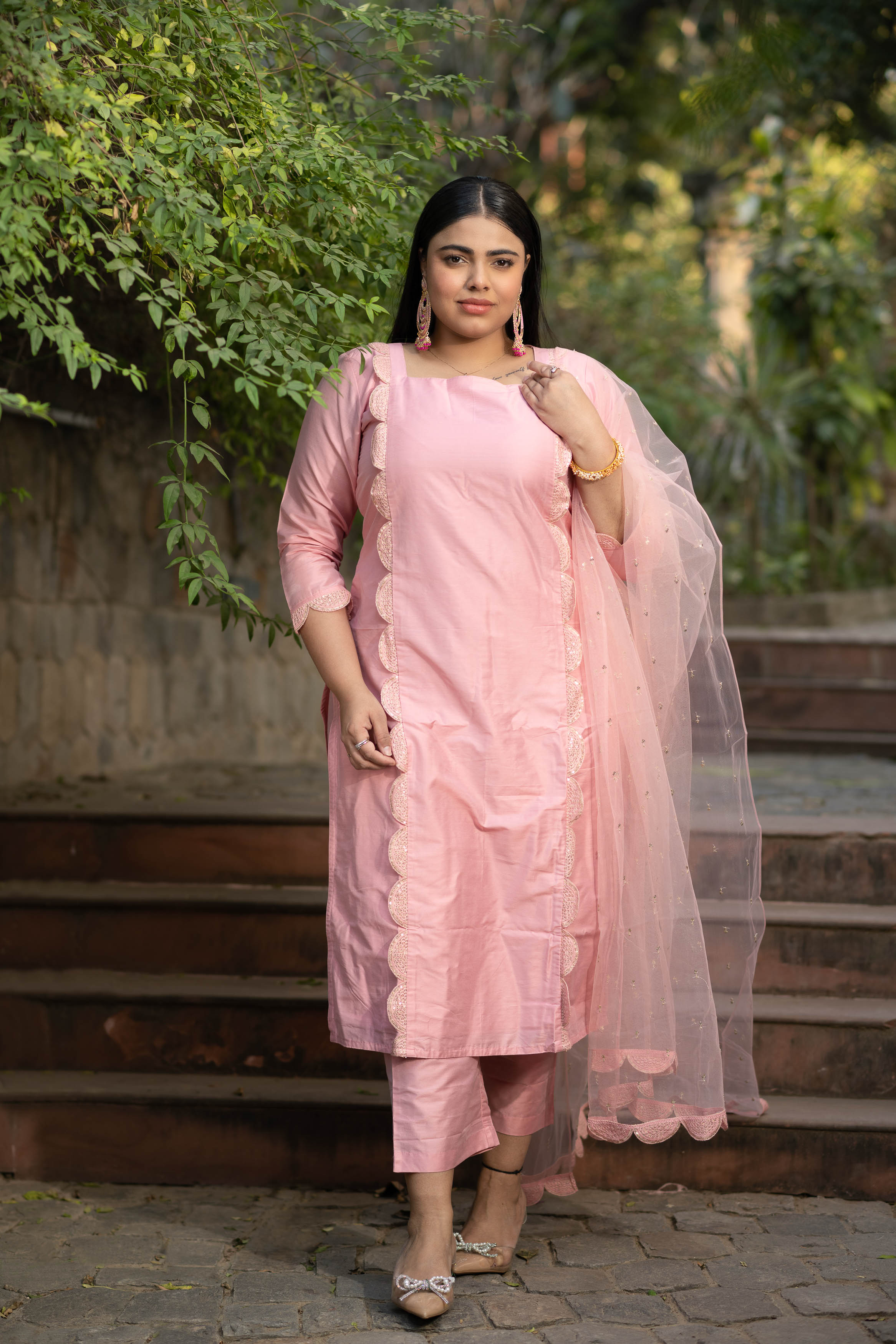 Women's Plus Size Peach Lace Kurta Set