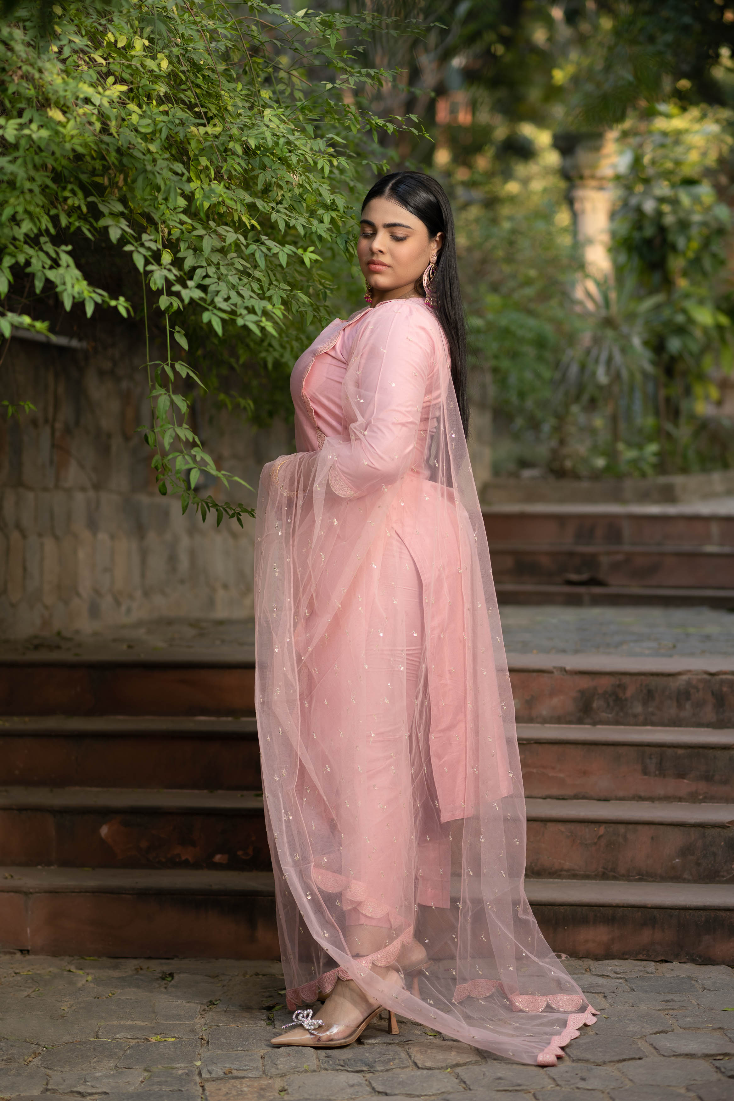 Women's Plus Size Peach Lace Kurta Set