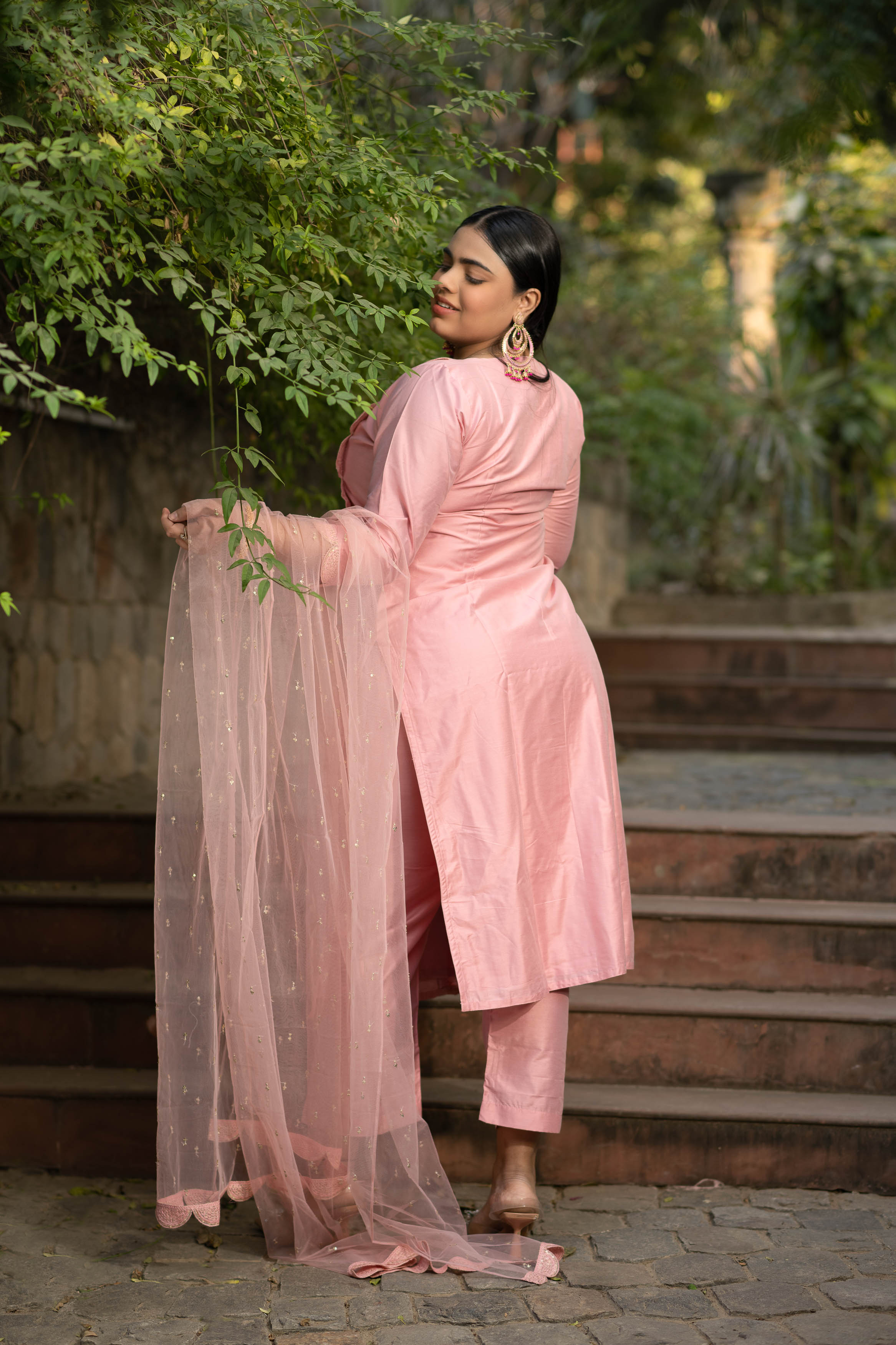 Women's Plus Size Peach Lace Kurta Set - Label Shaurya Sanadhya