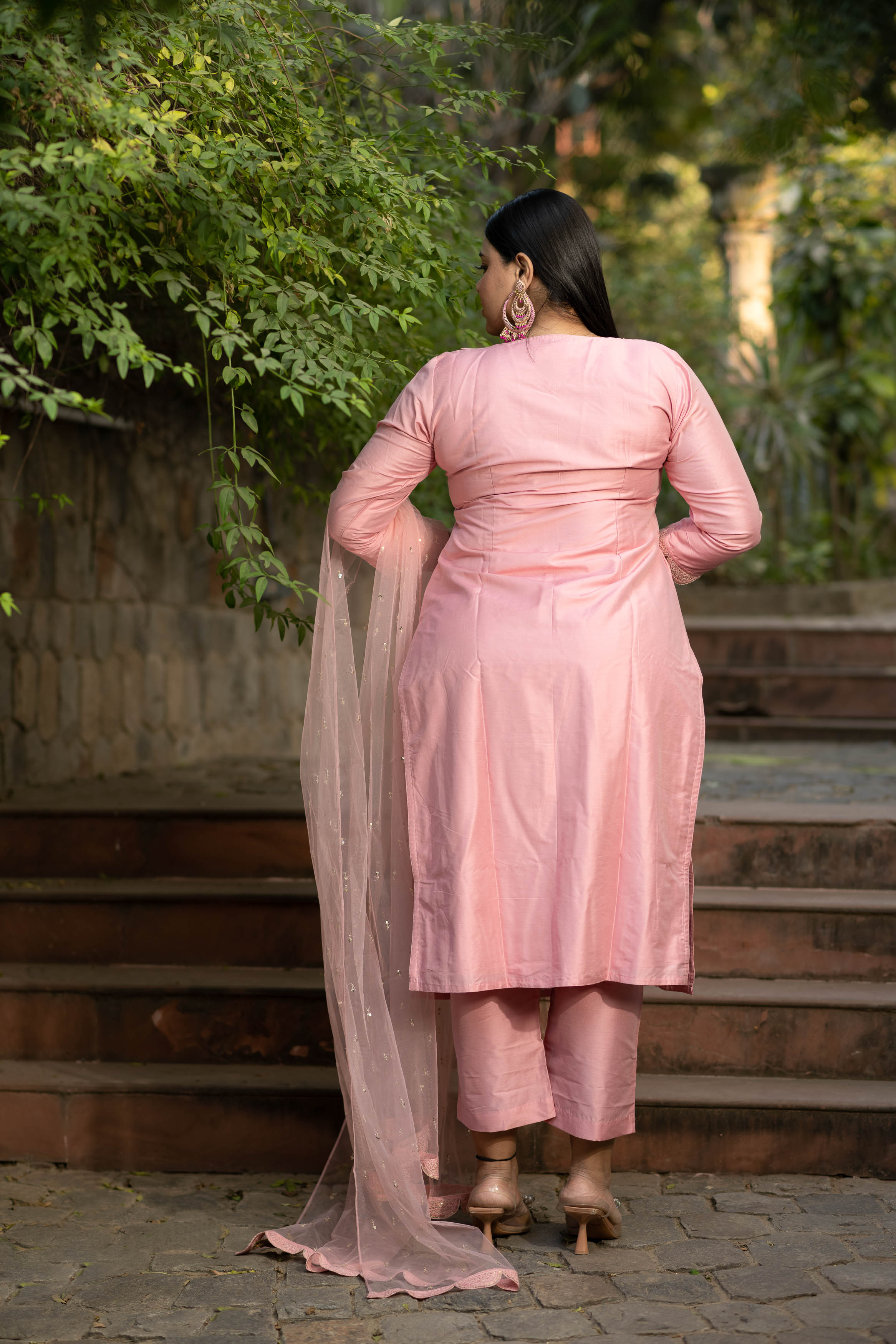 Women's Plus Size Peach Lace Kurta Set - Label Shaurya Sanadhya