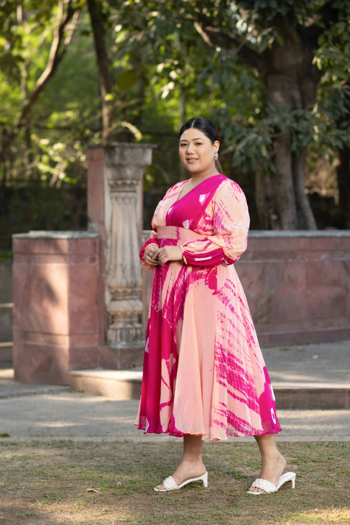 Women's Peach And Pink Tie Dye A-Line Fit And Flare Maxi Dress
