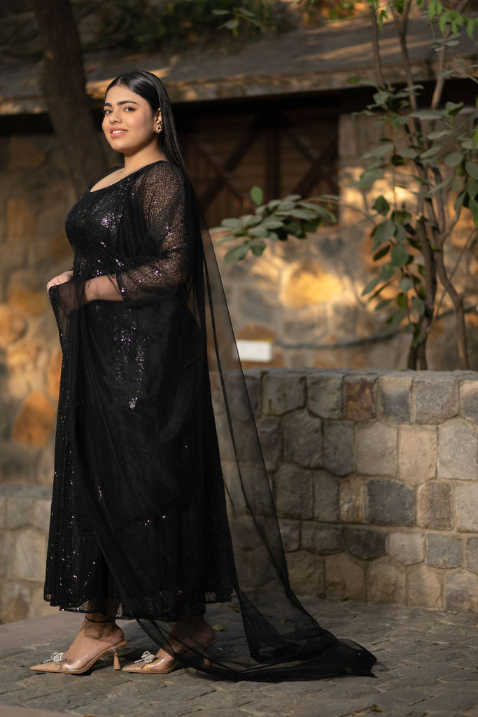 Women's Plus Size Black Sequin Anarkali Set