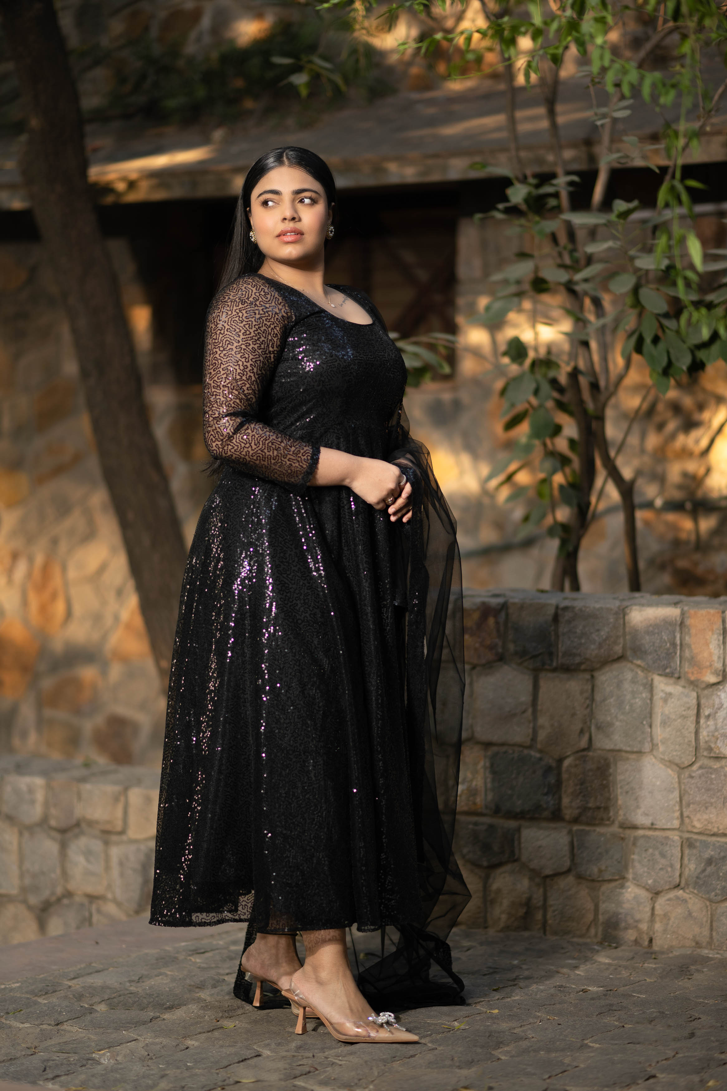 Women's Plus Size Black Sequin Anarkali Set - Label Shaurya Sanadhya