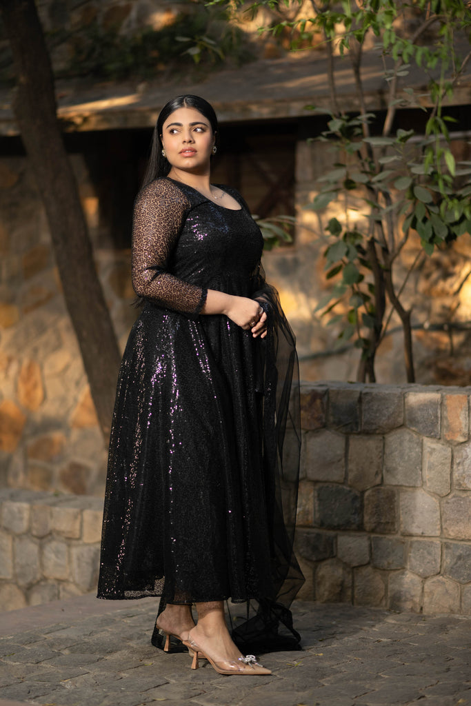 Women's Plus Size Black Sequin Anarkali Set