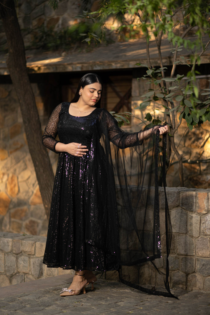 Women's Plus Size Black Sequin Anarkali Set