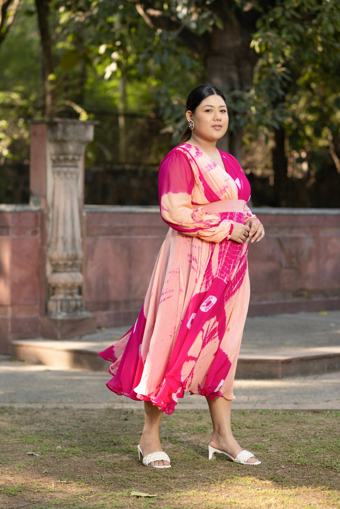 Women's Peach And Pink Tie Dye A-Line Fit And Flare Maxi Dress